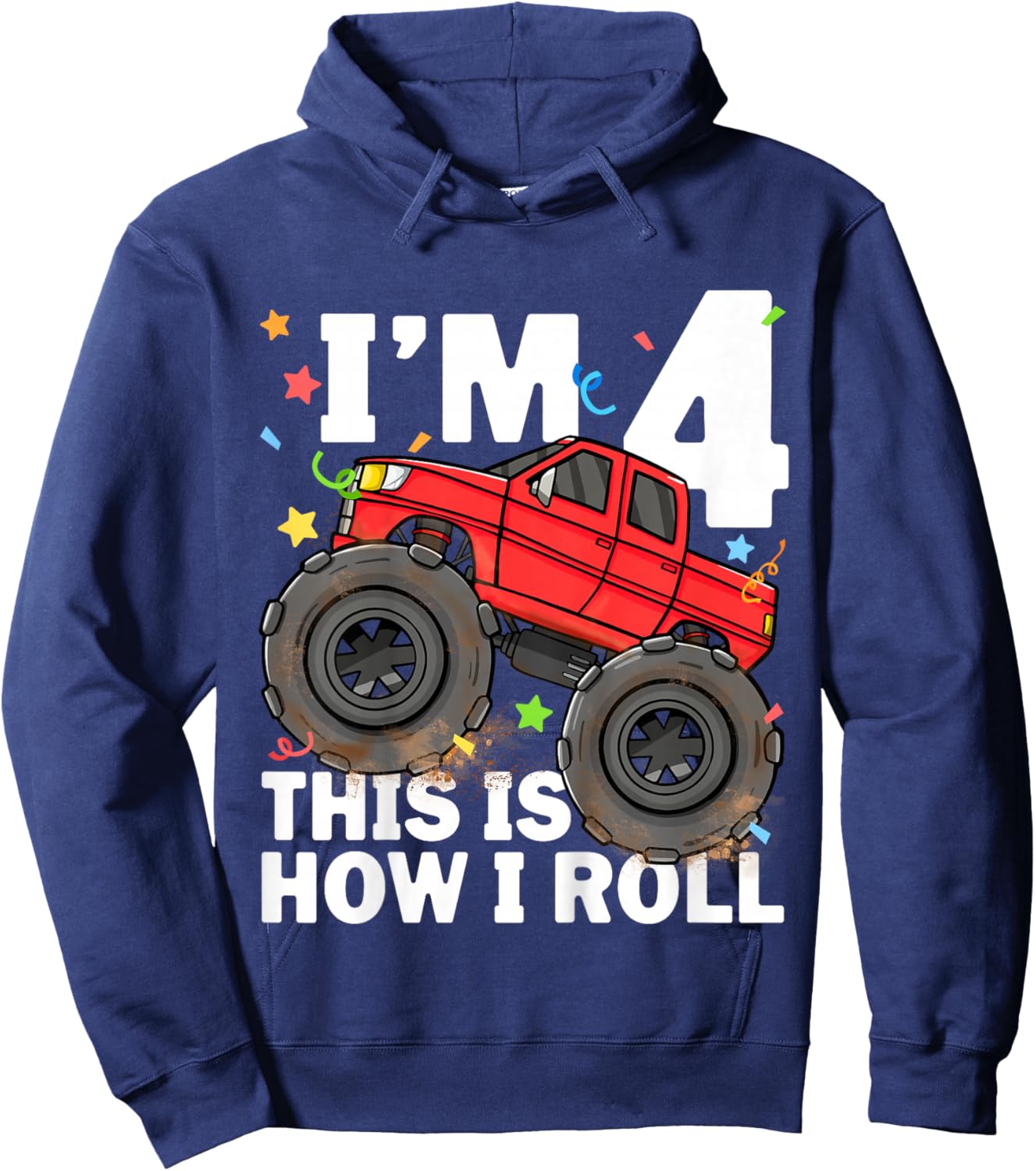 Kids Monster Truck 4th Birthday Boy Toddler 4 Four Year Old Hoodie - Hoodie | Navy