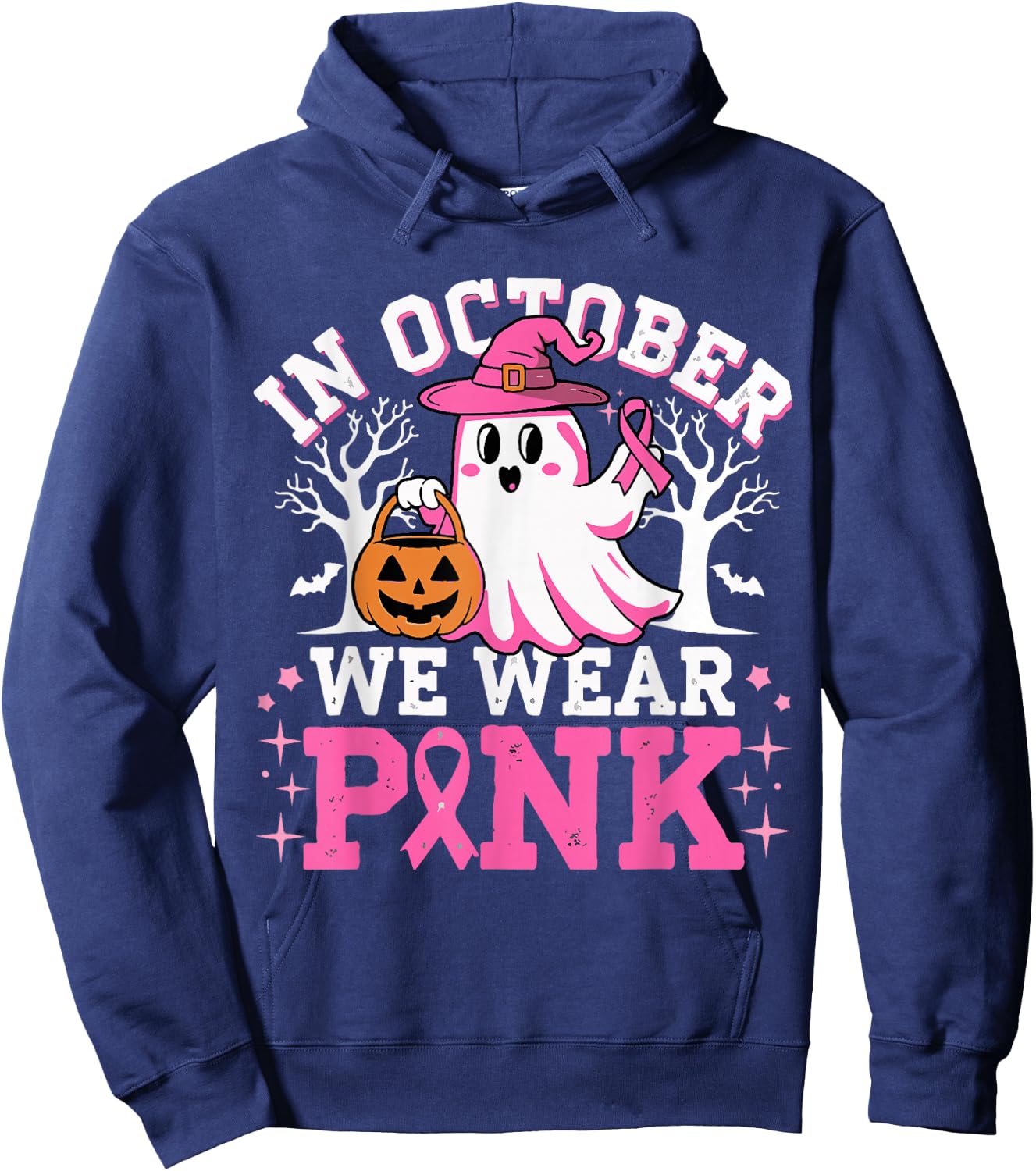 In October We Wear Pink Witch Ghost Halloween Breast Cancer Hoodie - Hoodie | Navy