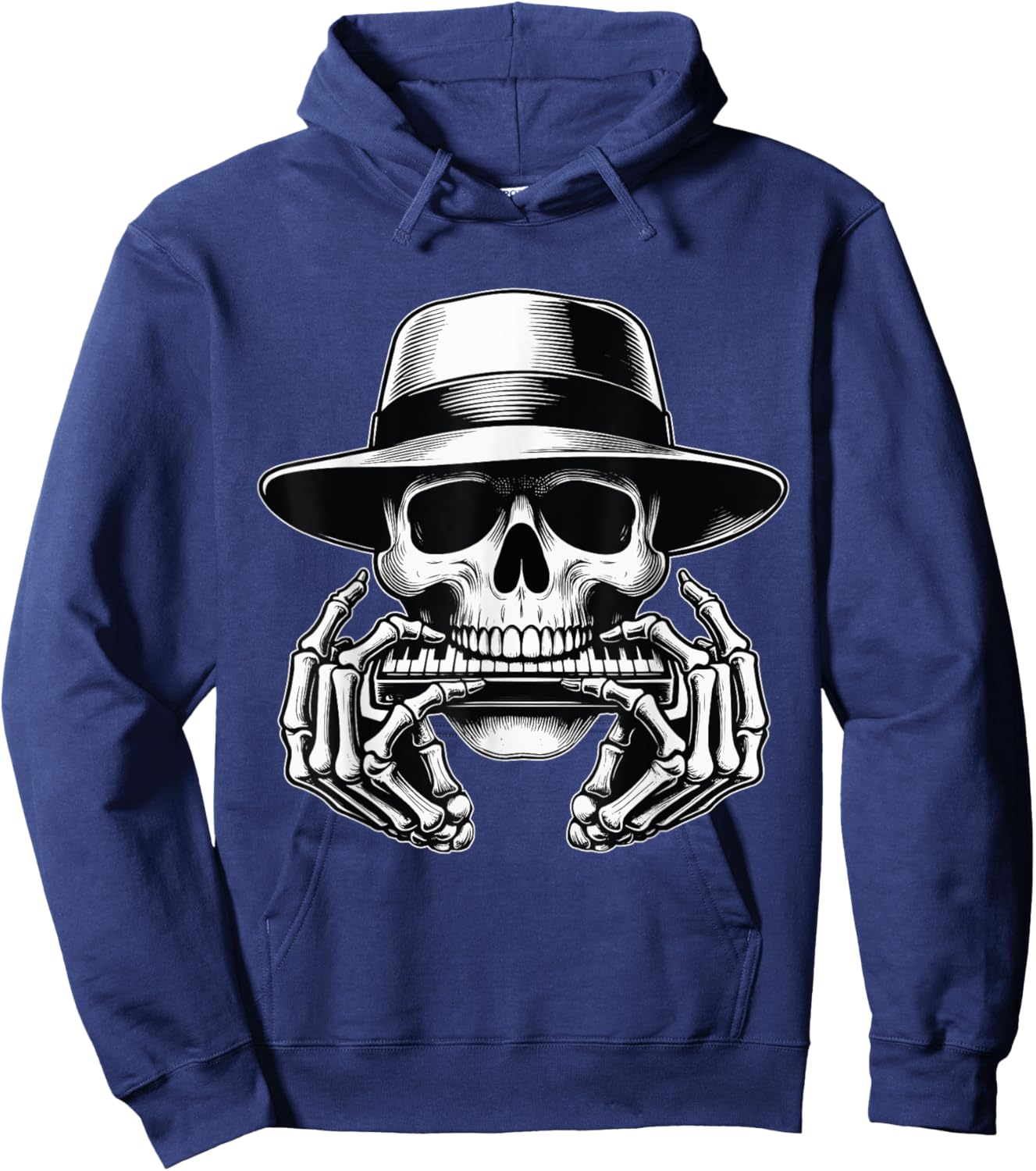 Skeleton Playing Harmonica Blues Musician Mouth Organ Player Hoodie - Hoodie | Navy