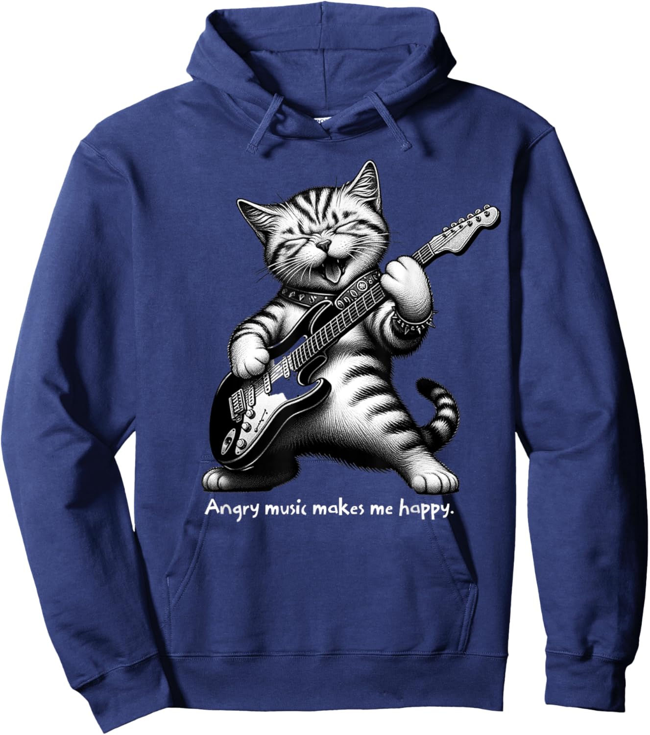 Cat Playing Electric Guitar Angry Music Makes Me Happy Women Girls Kids Hoodie - Hoodie | Navy