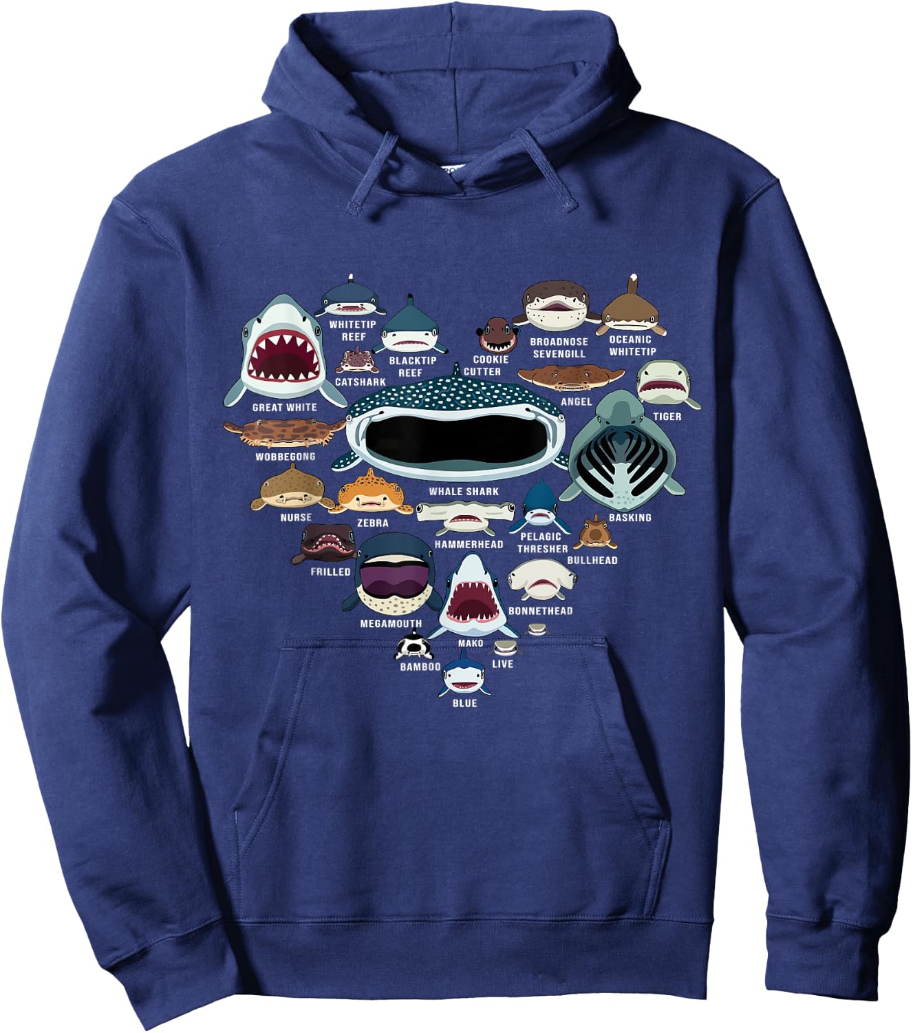 Types Of Sharks Marine Biology - All Shark Faces Heart Hoodie - Hoodie | Navy