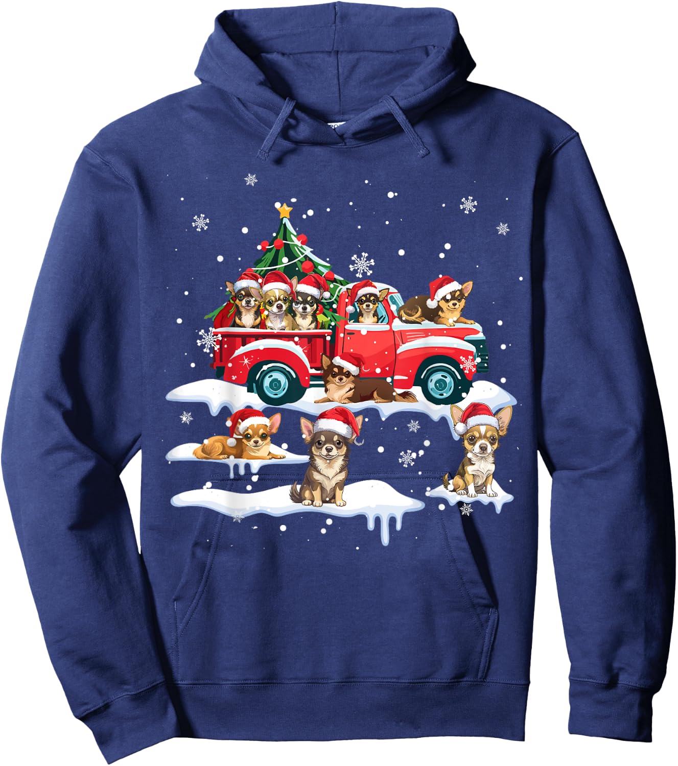 Chihuahua Dog Riding Red Truck Ugly Sweater Merry Christmas Hoodie - Hoodie | Navy