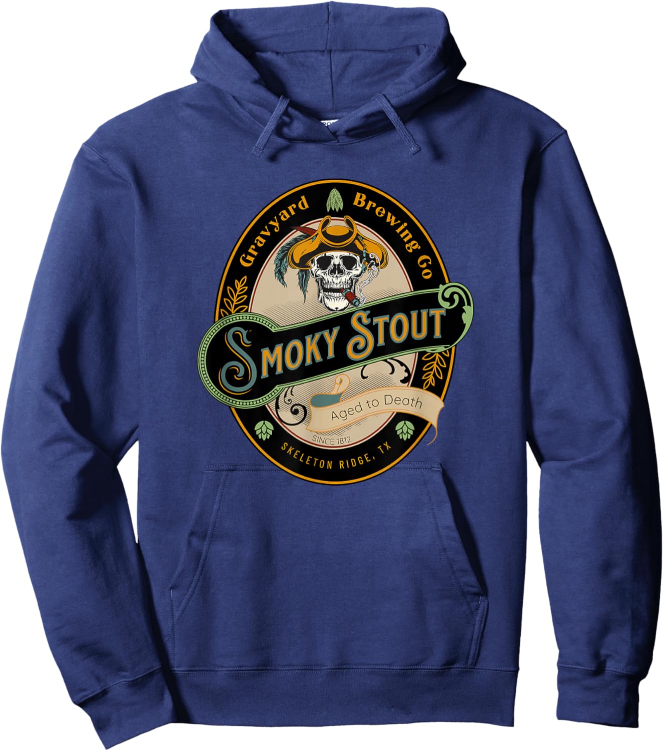 Graveyard Brewery Craft Beer Label, Skeleton with Cigar Hoodie - Hoodie | Navy