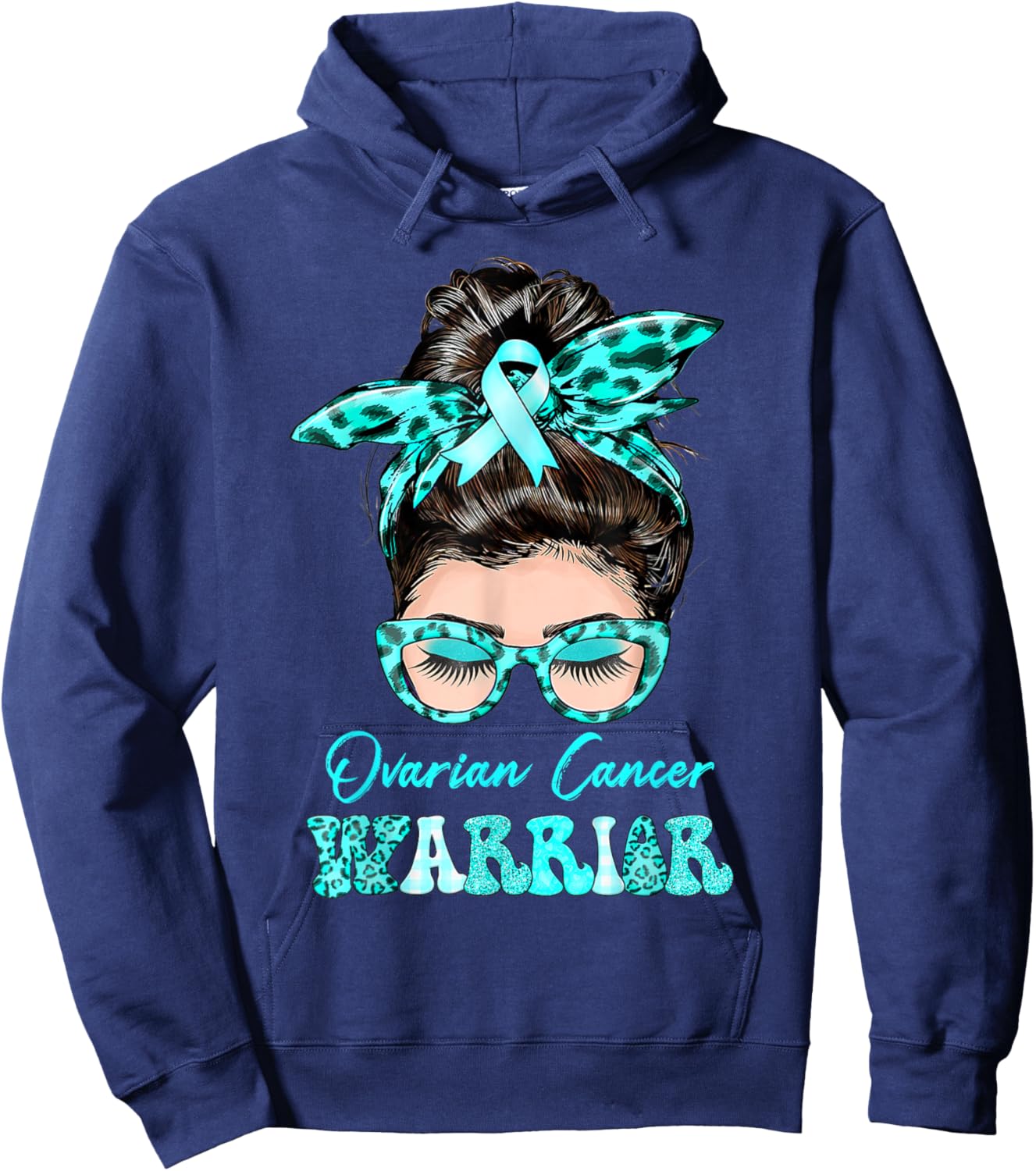 Ovarian Cancer Warrior Messy Bun Teal ribbon Hoodie - Hoodie | Navy