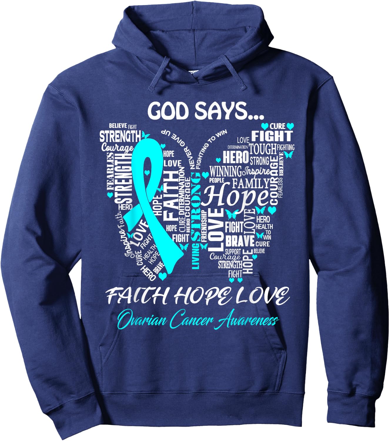 Butterfly Faith Hope Love Ovarian Cancer Awareness Gifts Hoodie - Hoodie | Navy