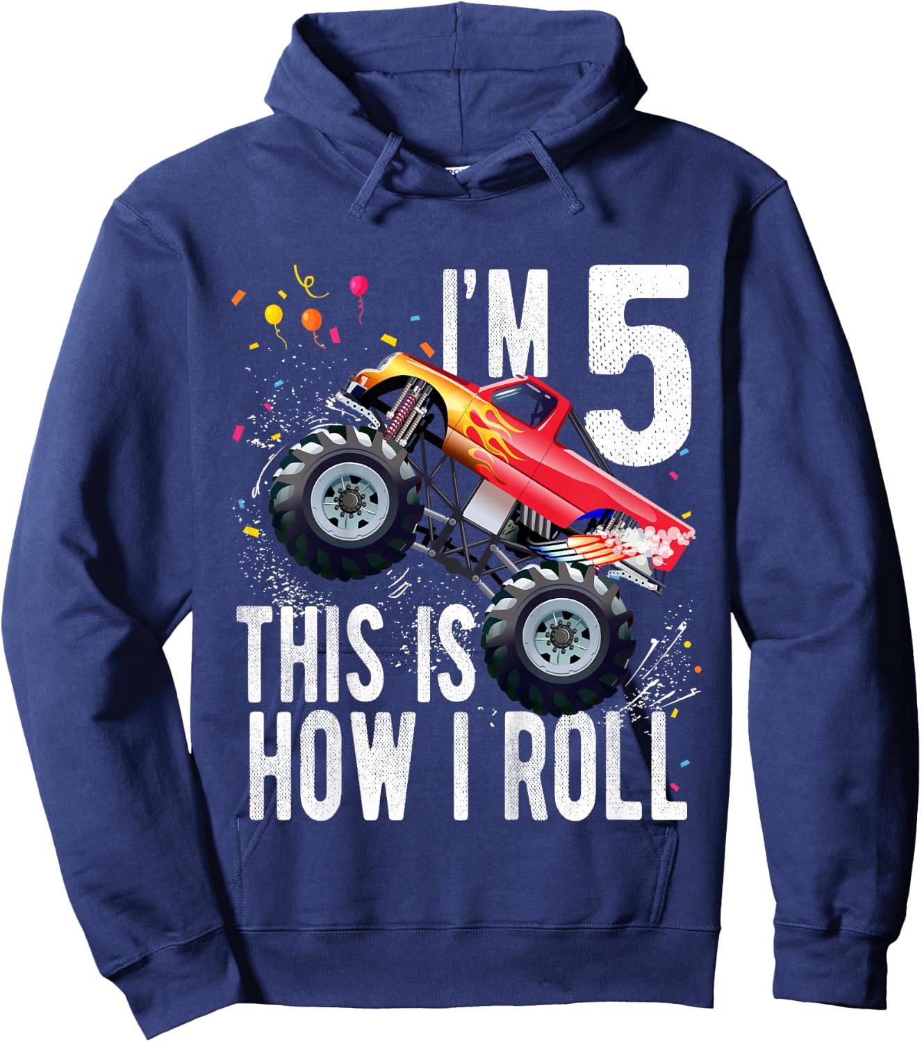 Kids 5 Year Old Shirt 5th Birthday Boy Monster Truck Car Hoodie - Hoodie | Navy