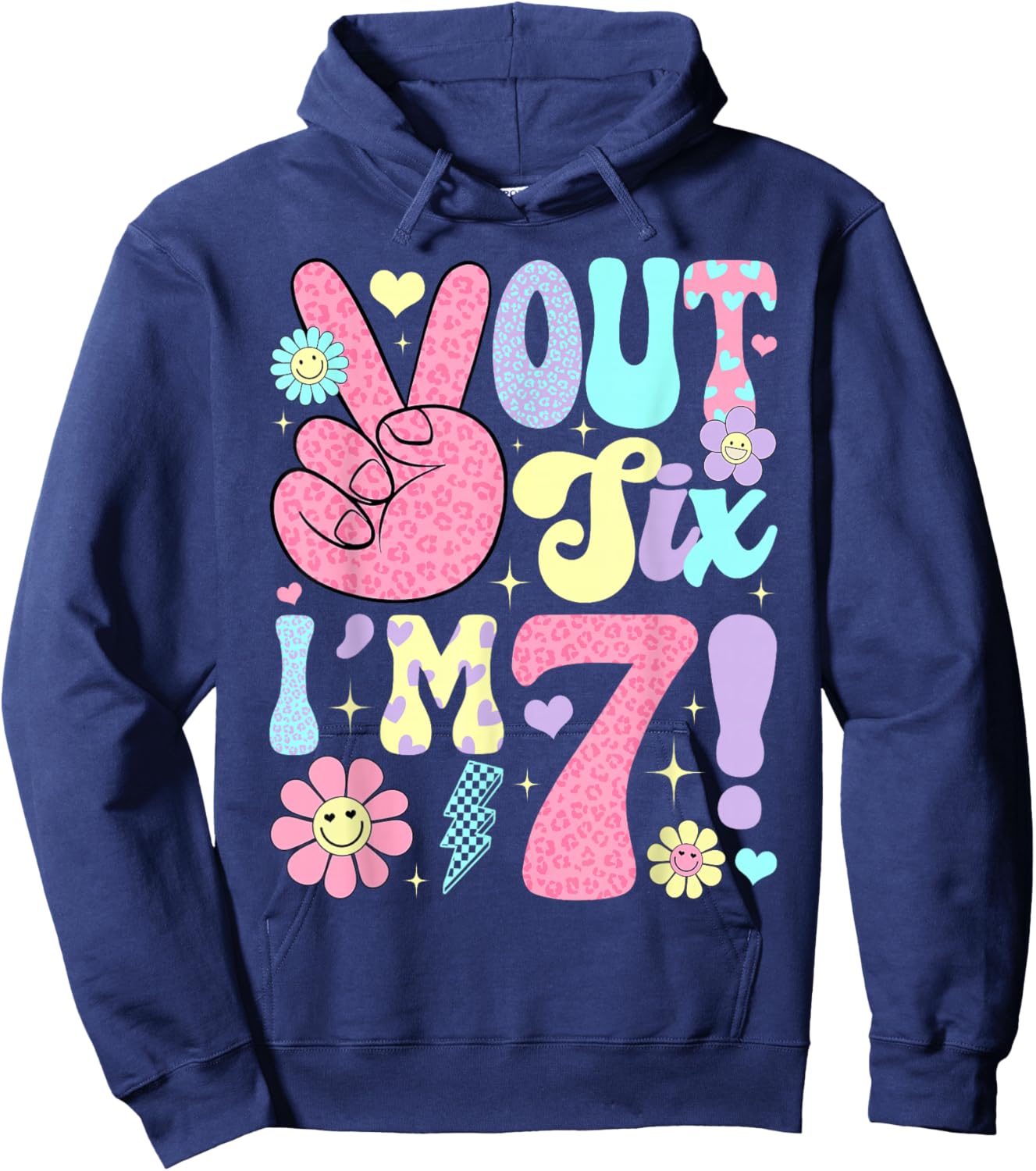 Groovy Peace Out Six I'm 7 Years Old 7th Birthday Girls Kids Hoodie - Hoodie | Navy