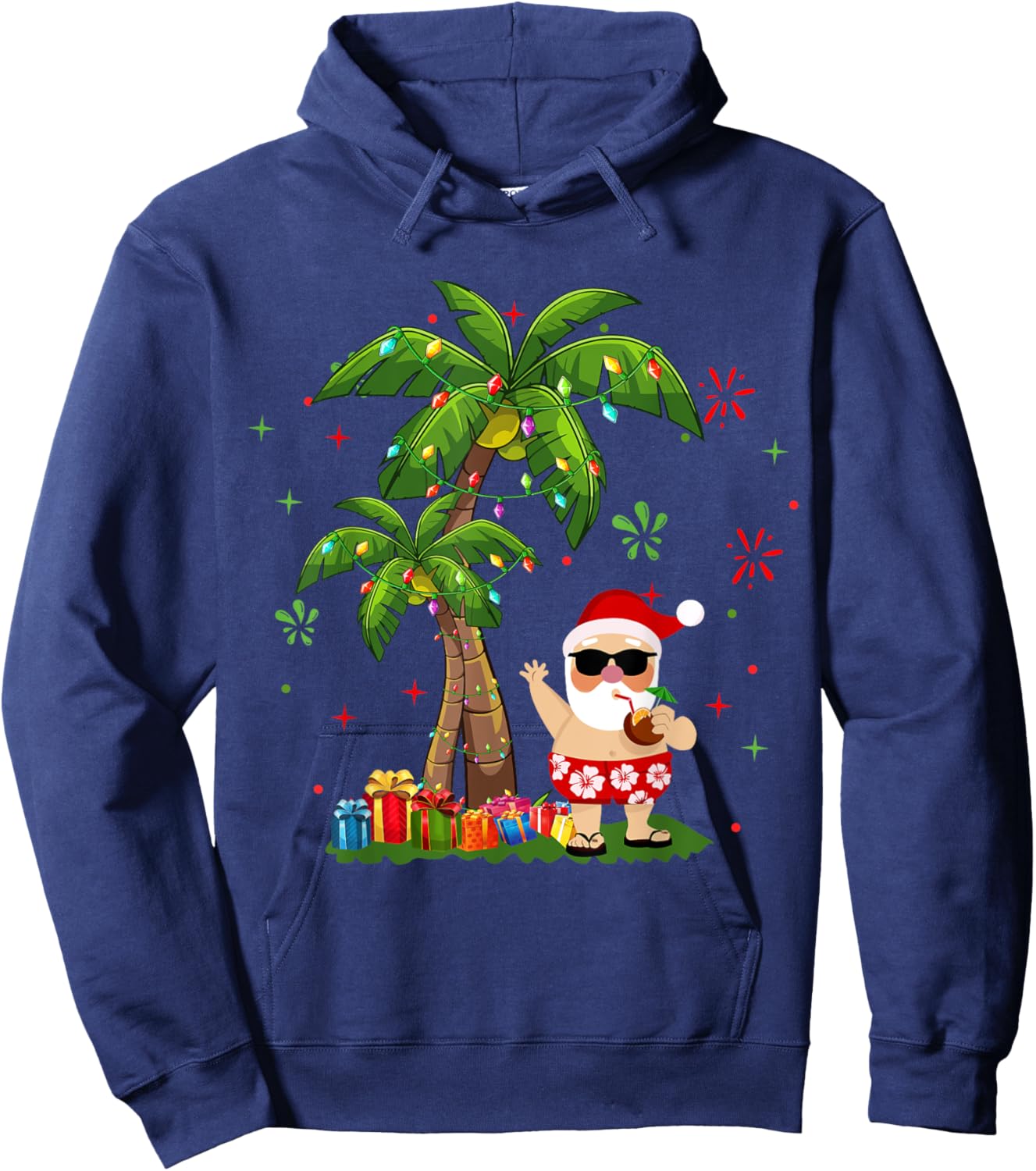 Santa Hawaiian Christmas Palm Tree Lights Xmas Hoodie - Hoodie | Navy