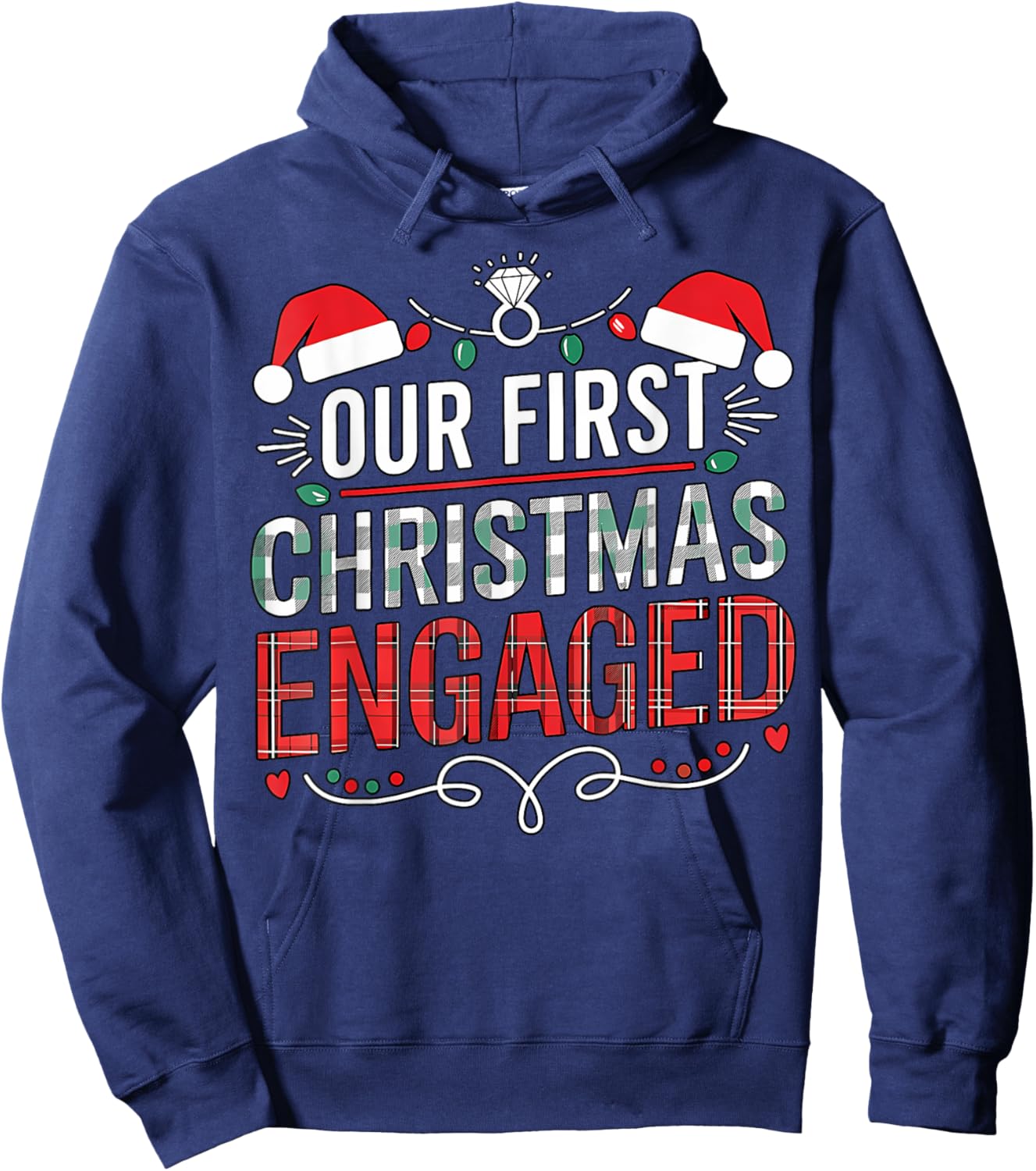 Our First Christmas Engaged 2024 Black Adult Christmas Couple Matching Hoodie - Hoodie | Navy