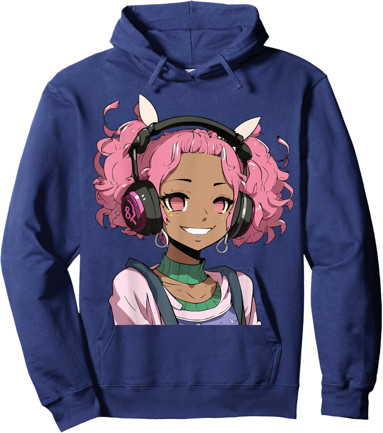 Anime and Music Black Girl Anime Merch Afro African American Hoodie - Hoodie | Navy