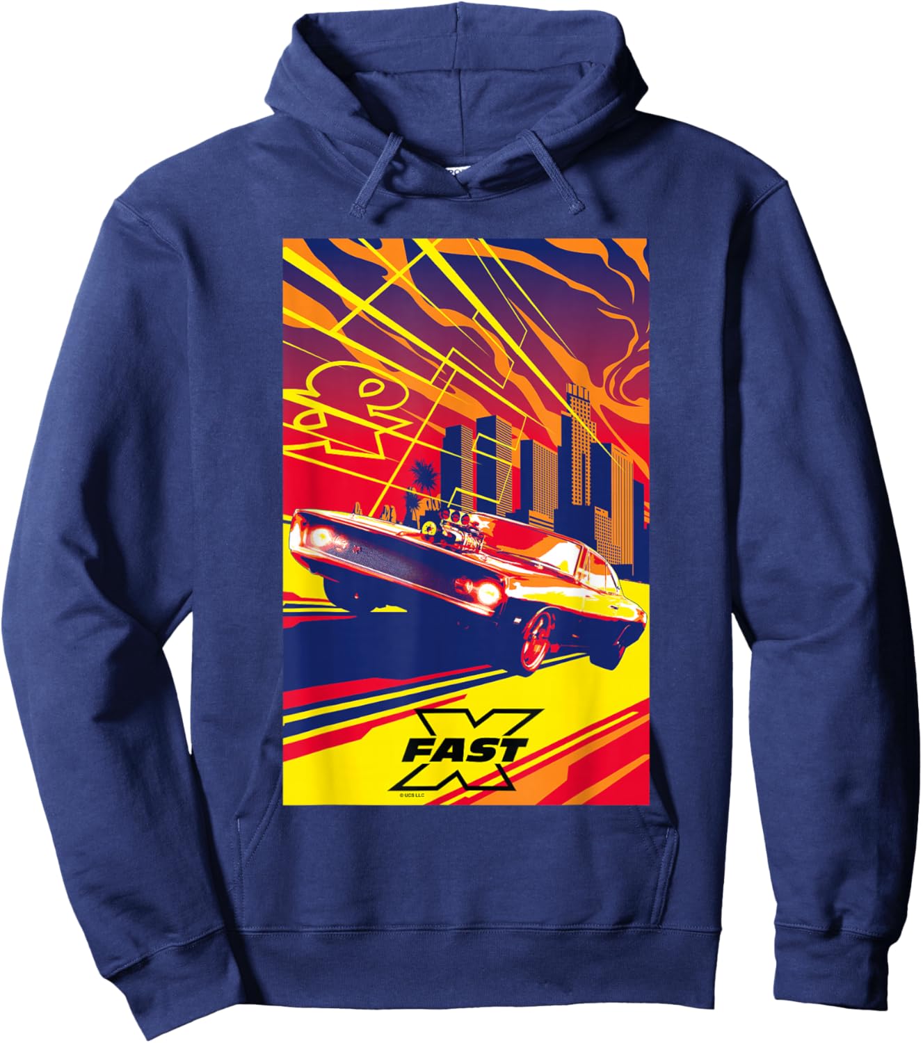 Fast X Toretto Charger City Skyline Saturated Movie Poster Hoodie - Hoodie | Navy