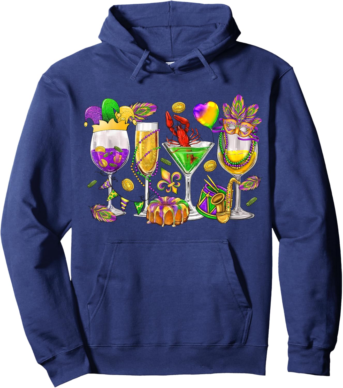 Mardi Gras Glass Of Wine Funny Drinking Wine Festival Parade Hoodie - Hoodie | Navy