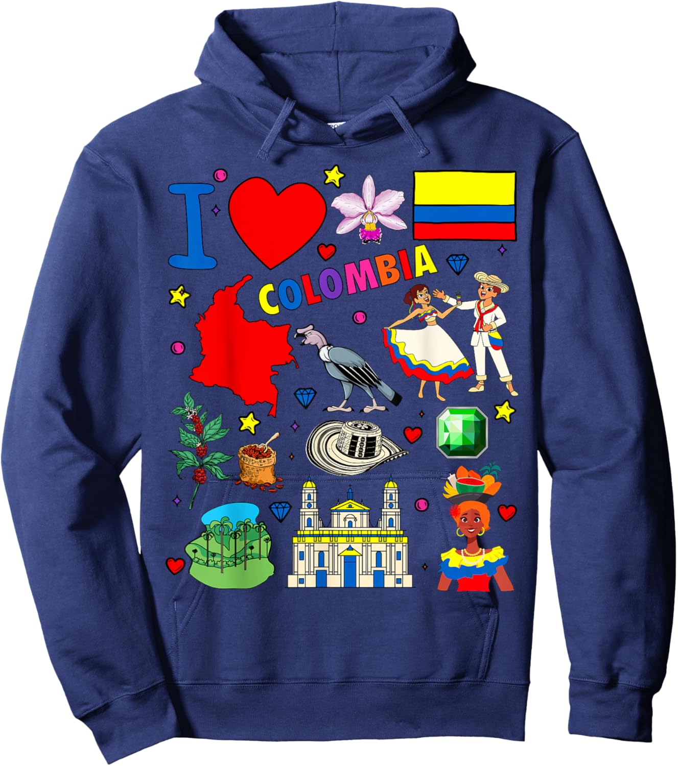 I Love Colombia Hand Drawn Colombian Landmarks, Flag and map Hoodie - Hoodie | Navy