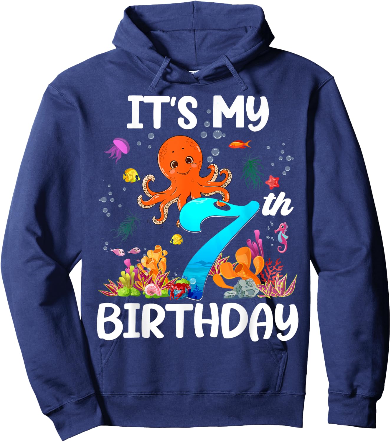 7 Year Old Ocean Life Whale Dolphin Octopus 7th Birthday Hoodie - Hoodie | Navy