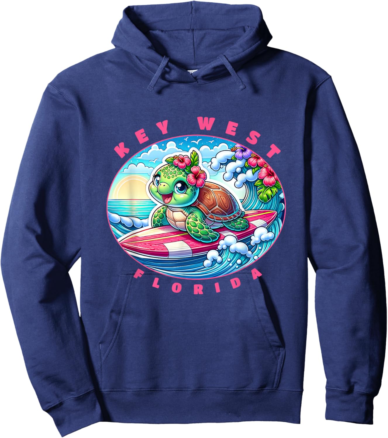 Key West Florida Cute Surfing Girl Sea Turtle Hoodie - Hoodie | Navy