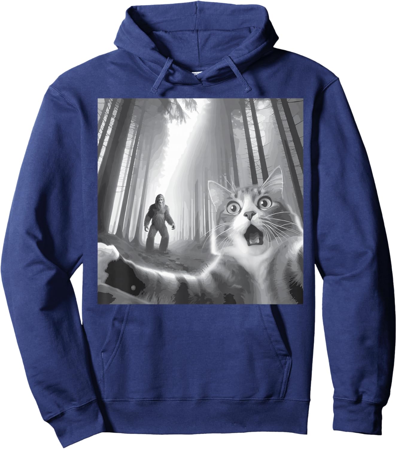 Funny Surprised Scared Cat Selfie With Sasquatsch Bigfoot Hoodie - Hoodie | Navy