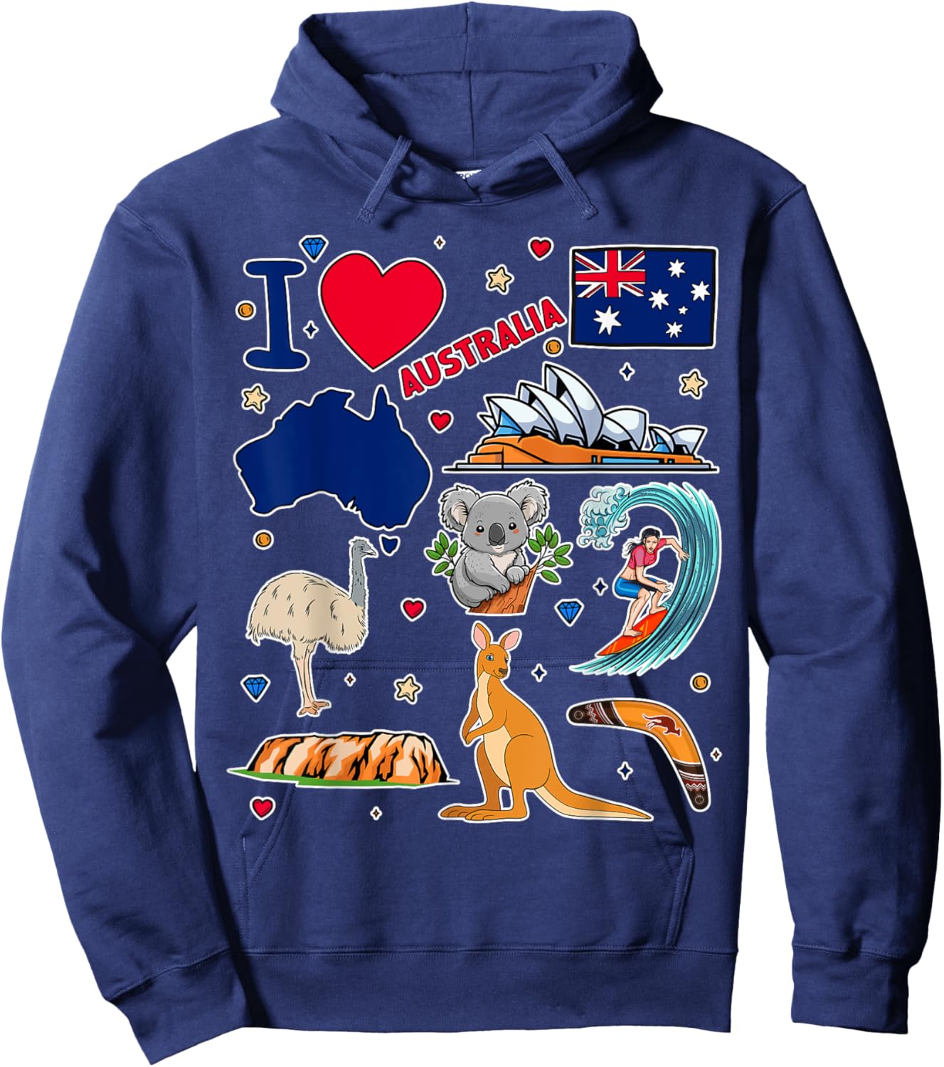Australian hand drawn symbols, Australia map, cultural icons Hoodie - Hoodie | Navy