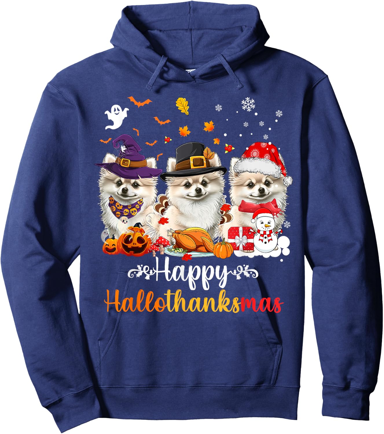 Happy Hallothanksmas Pomeranian Dog Halloween Christmas Men Women Kids Hoodie - Hoodie | Navy