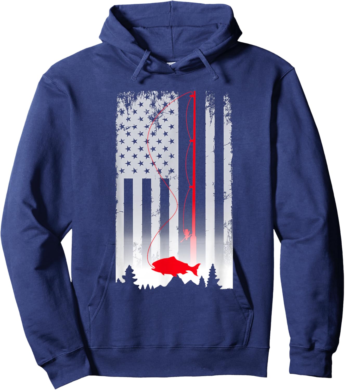 Fishing Pole American Flag Vintage Patriotic Fisherman Hoodie - Hoodie | Navy