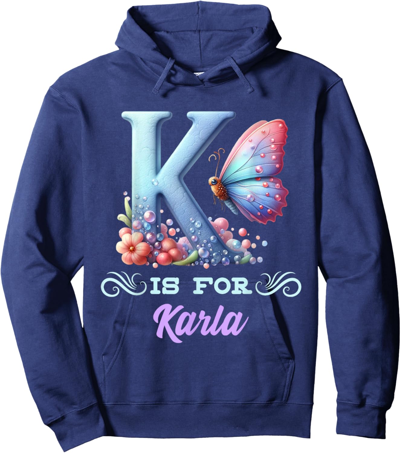K Is For Karla Girly Butterfly And Flower Initial Name Hoodie - Hoodie | Navy