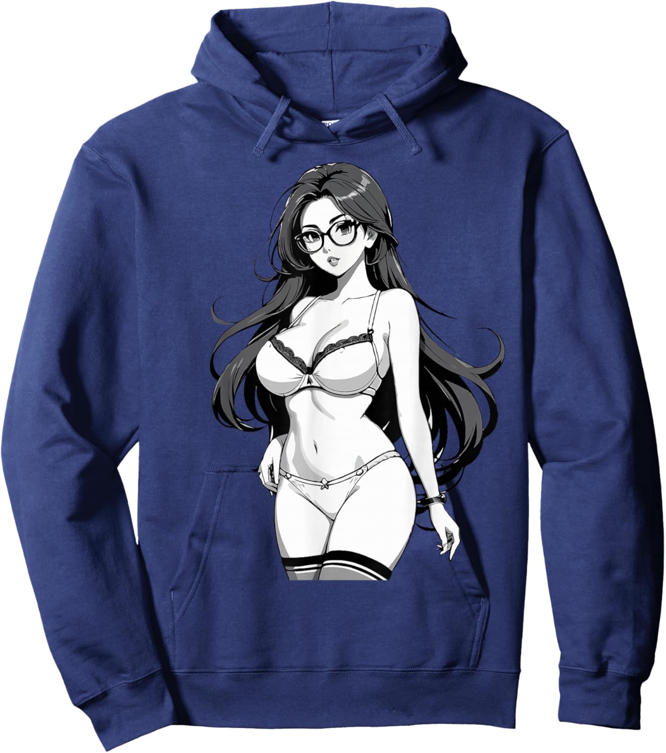 Sexy Waifu Otaku Anime Girl Japanese in Black and White Art Hoodie - Hoodie | Navy