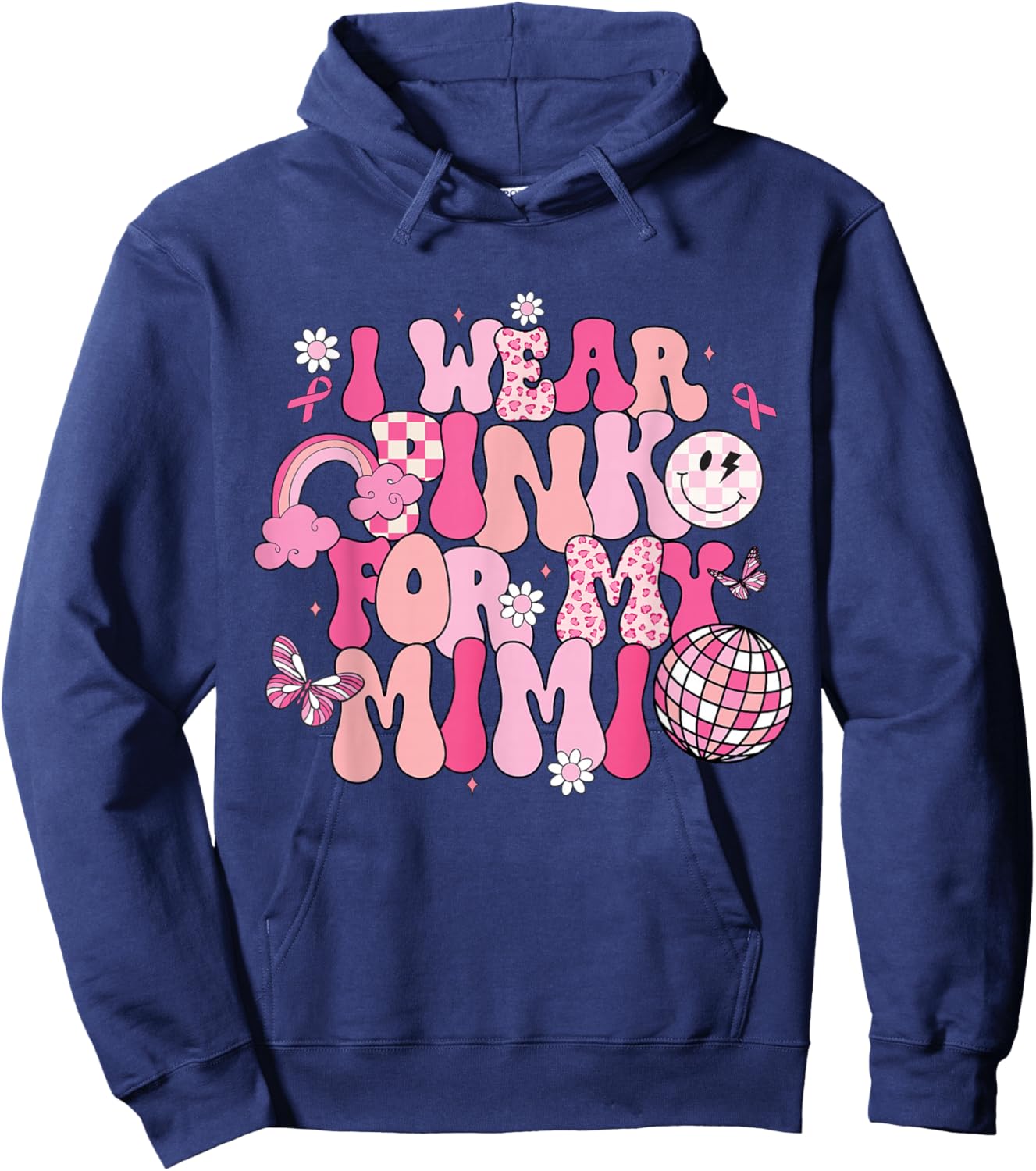 Groovy I Wear Pink For My Mimi Breast Cancer Awareness Hoodie - Hoodie | Navy