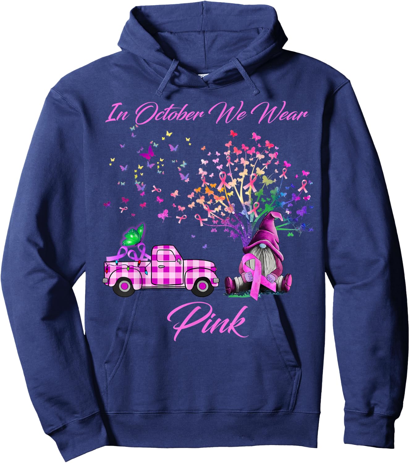 In October We Wear Pink Gnome Tree Breast Cancer Awareness Hoodie - Hoodie | Navy