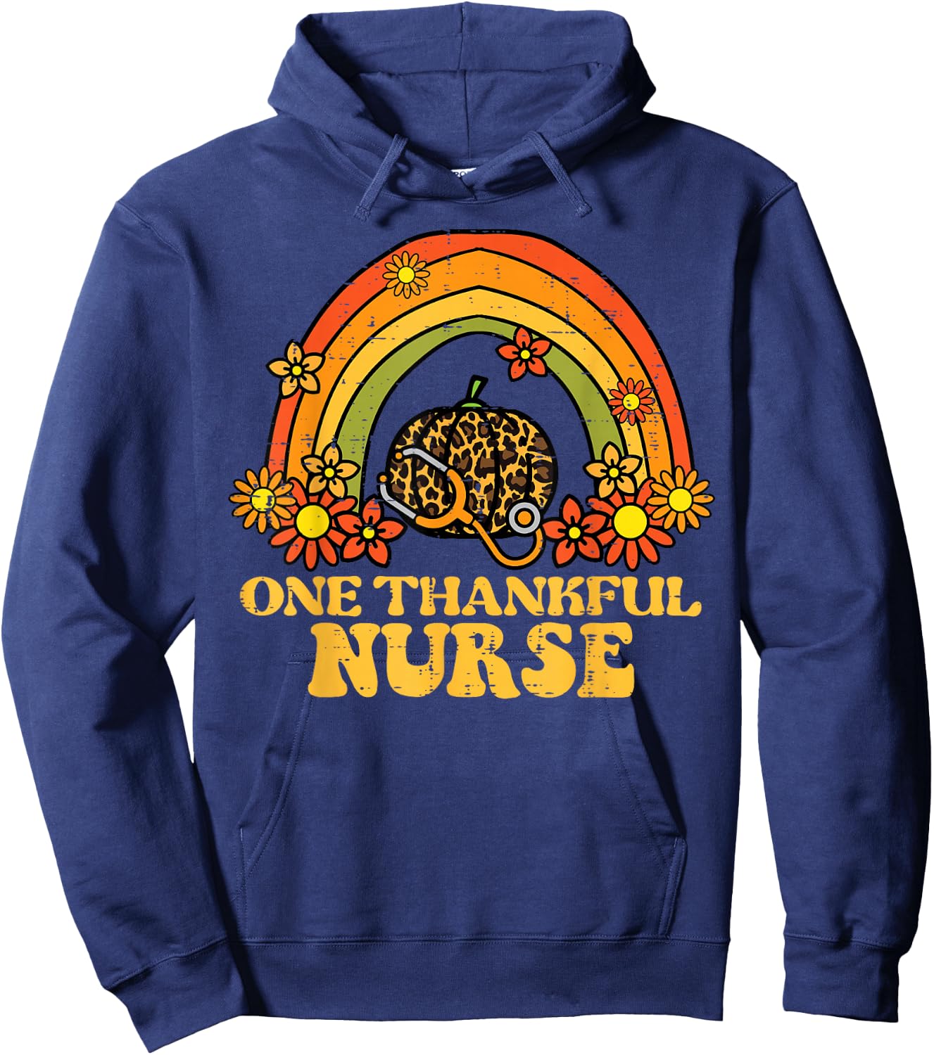 Fall Rainbow Thankful Nurse Thanksgiving Scrub Top Women Hoodie - Hoodie | Navy