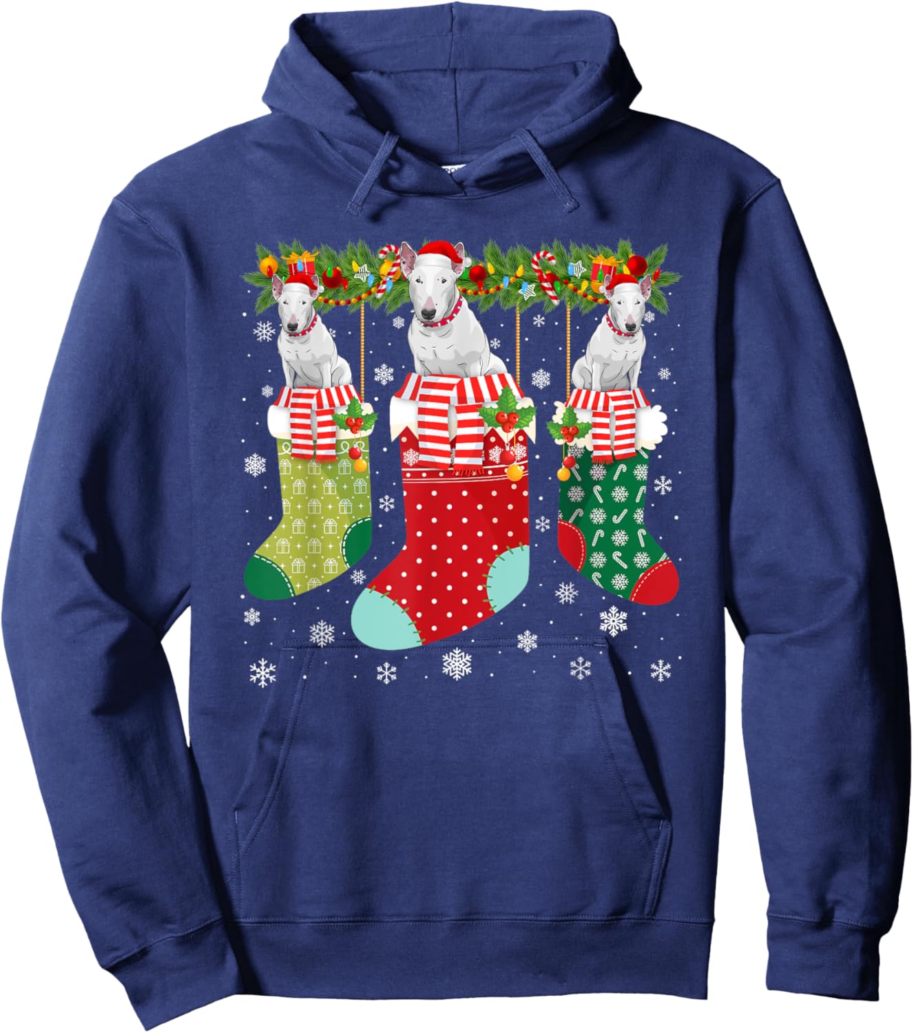 Three Bull Terrier Dog in Socks Ugly Christmas Sweater Party Men Women Kids Hoodie - Hoodie | Navy