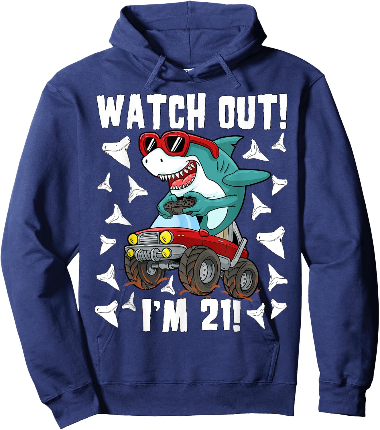 21 Years Old 21st Birthday Shark Boy Monster Truck Gamer Hoodie - Hoodie | Navy
