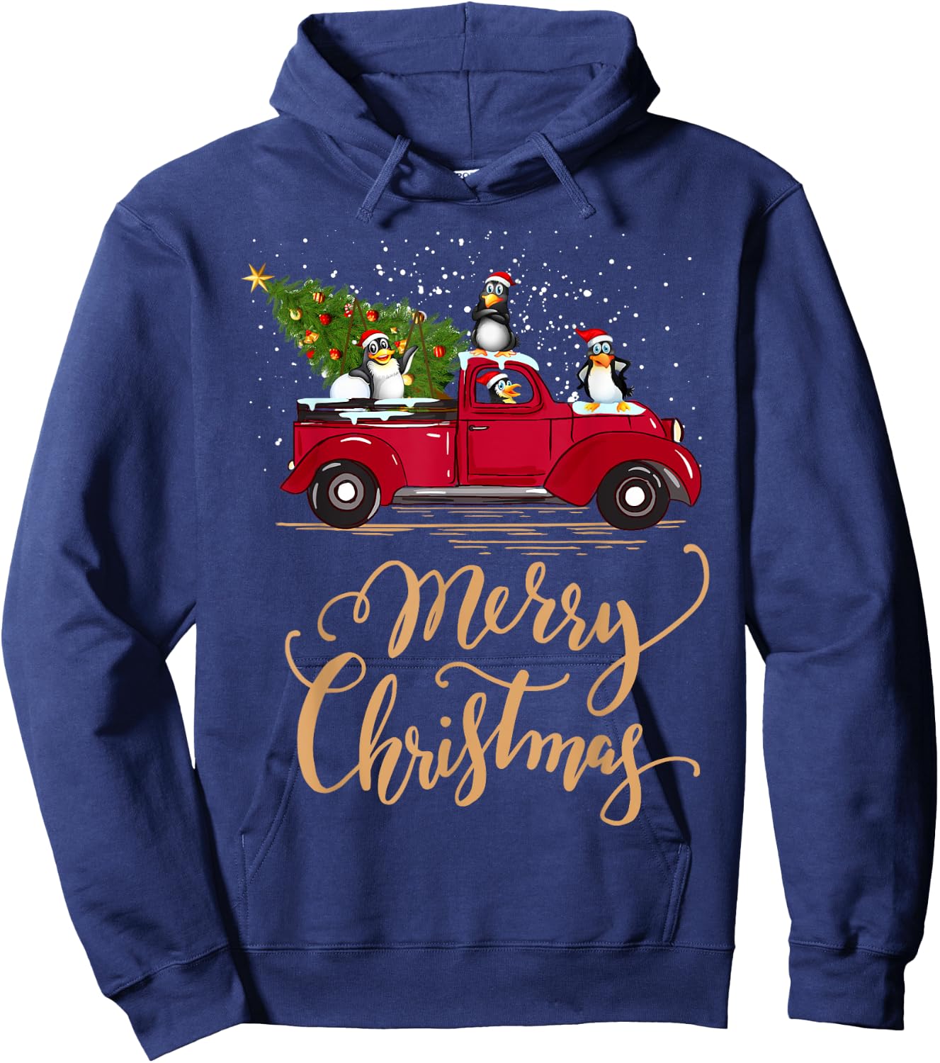 Penguin Driving Christmas Tree Red Truck Penguin Christmas Hoodie - Hoodie | Navy