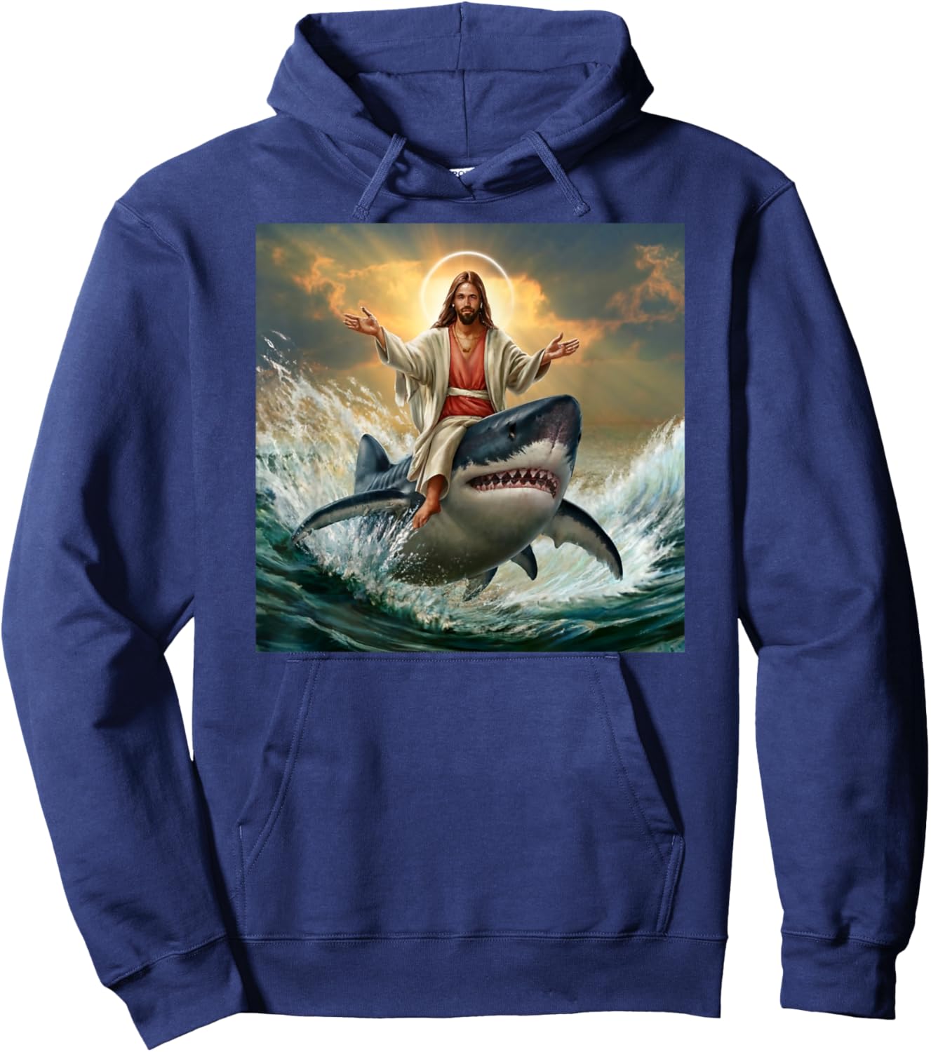 Christian Jesus Riding Shark Funny Shark Jesus Lover Hoodie - Hoodie | Navy