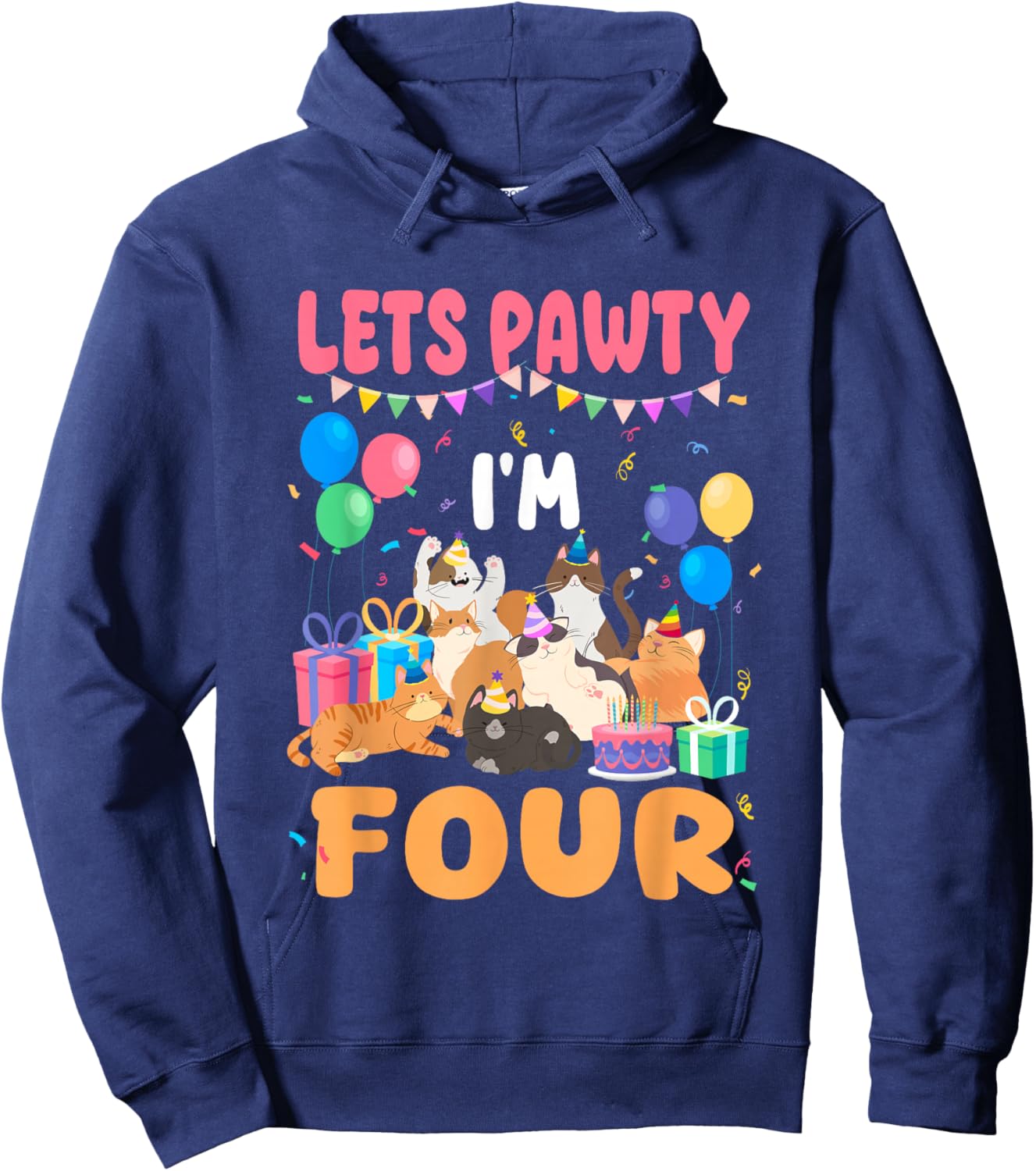 Lets Pawty I'm Four 4th Birthday Cats Themed Party Hoodie - Hoodie | Navy