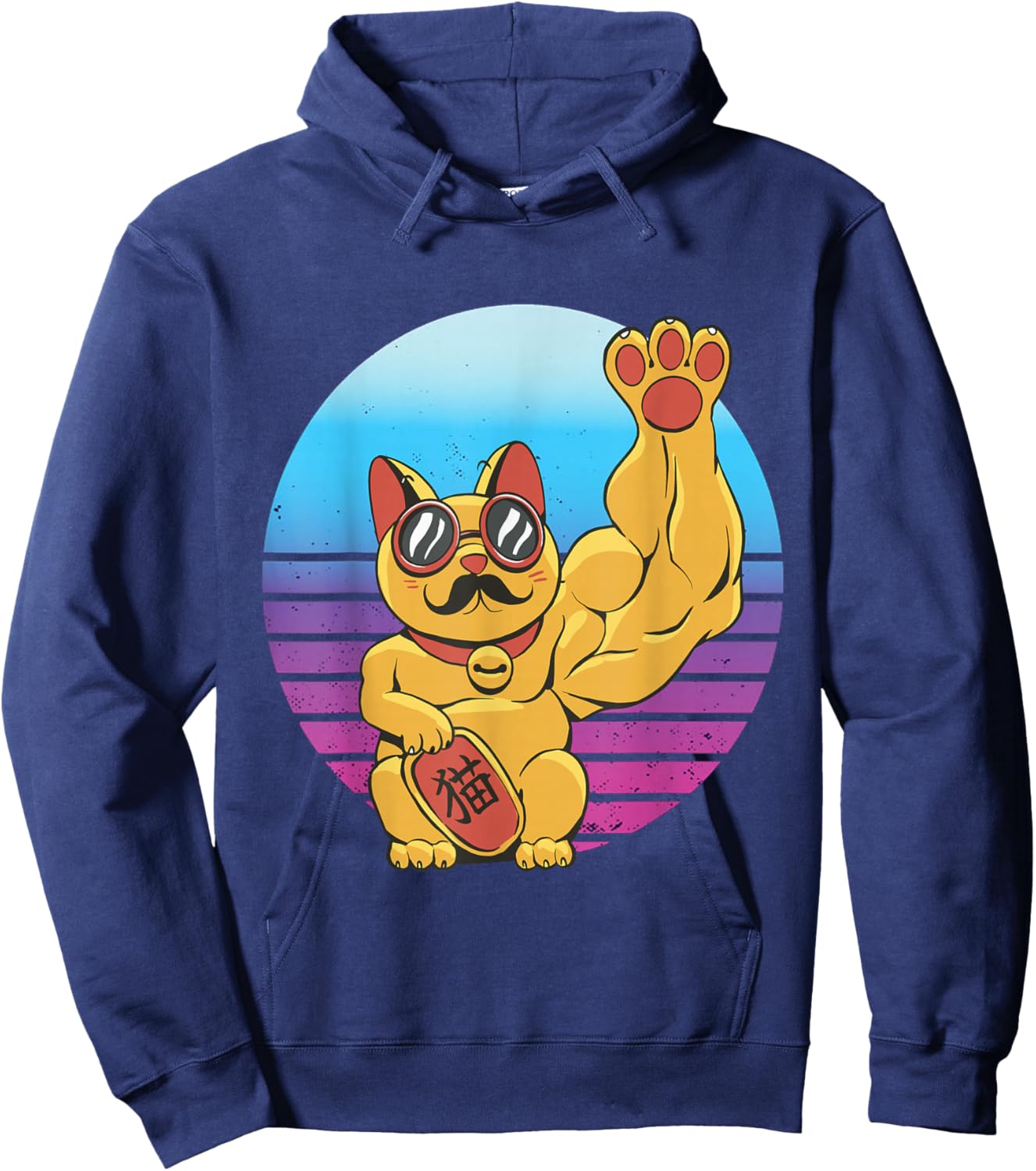 Muscles Maneki-Neko Strong Lucky Cat Buff Japanese Hoodie - Hoodie | Navy