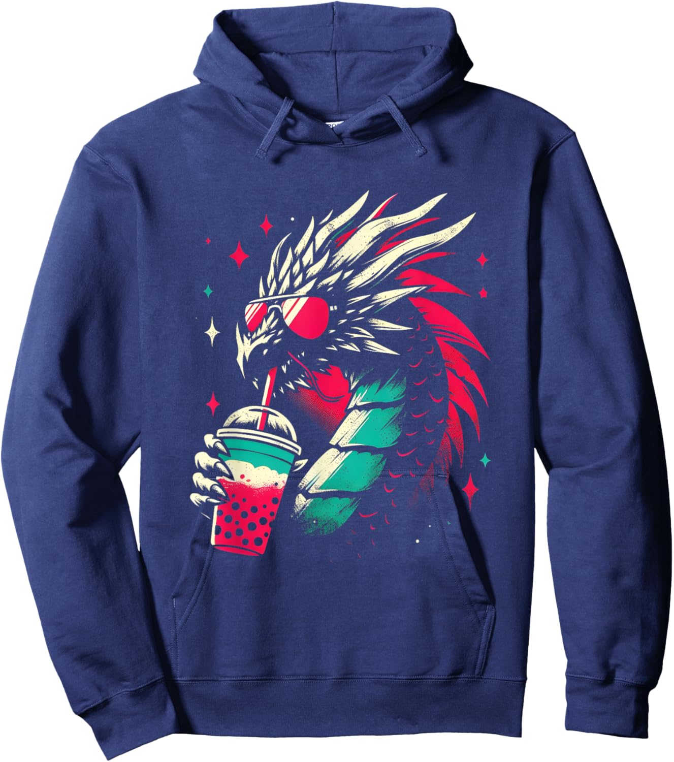 Dragon Drinking Boba Tea - Retro Dragon With Bubble Tea Hoodie - Hoodie | Navy