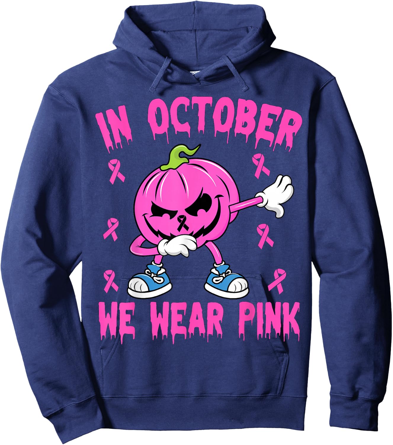 In October We Wear Pink Breast Cancer Pumpkin Halloween Boys Hoodie - Hoodie | Navy