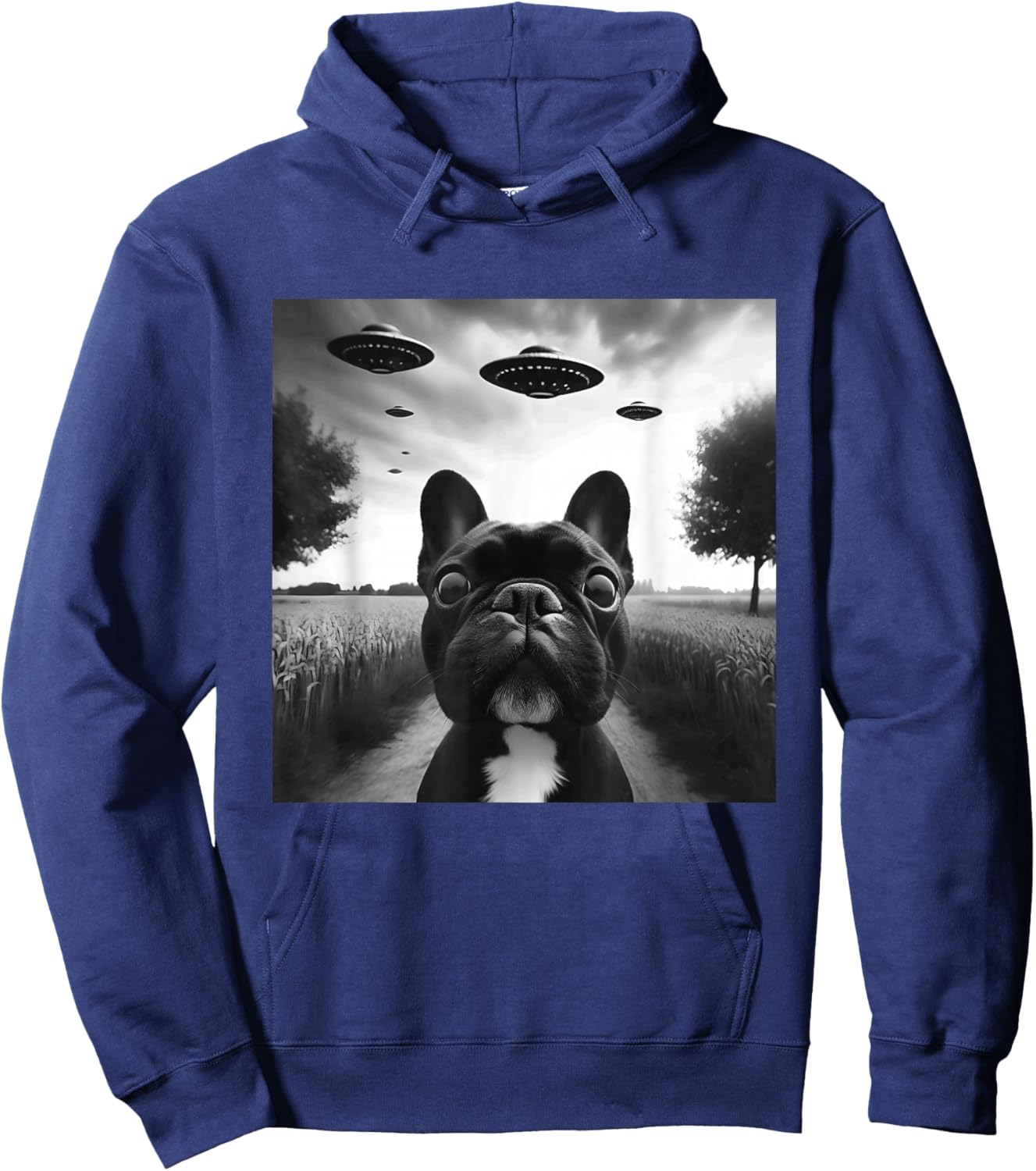 French Bulldog Funny Graphic Selfie with UFOs Weird Aliens Hoodie - Hoodie | Navy