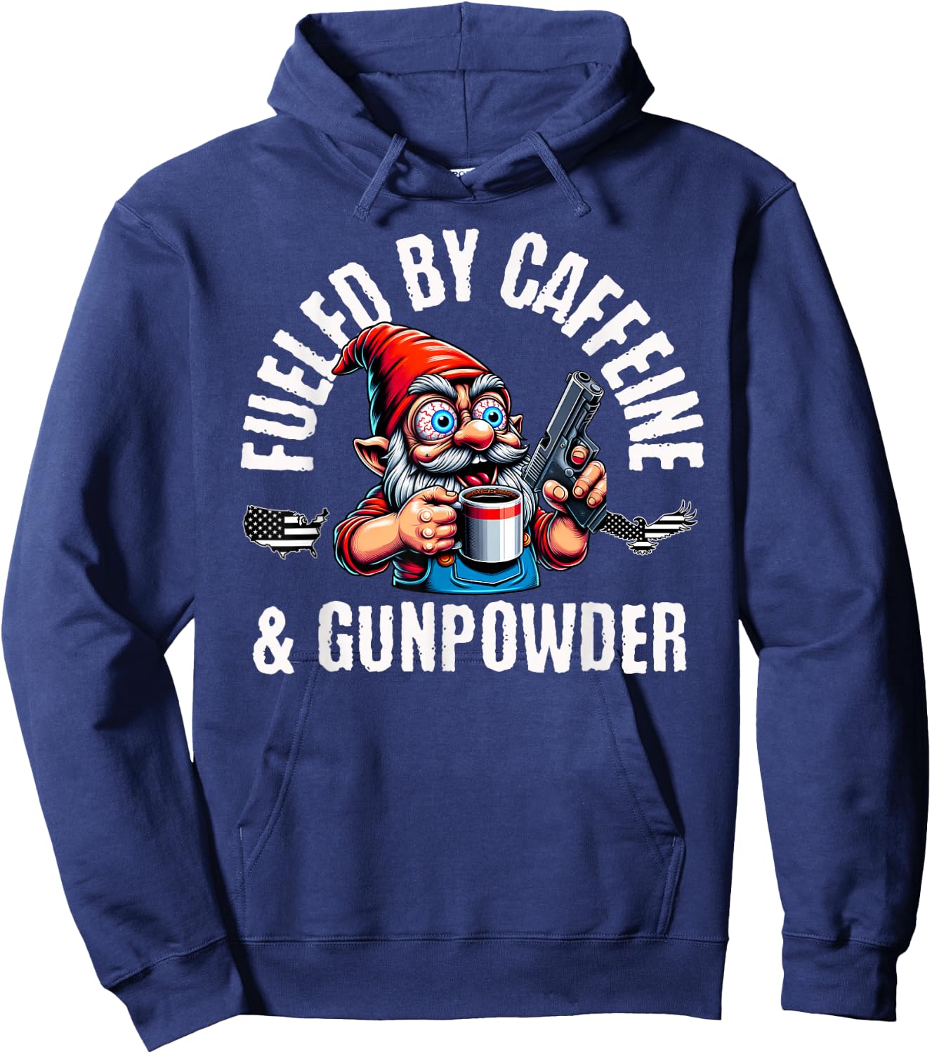 Fueled By Caffeine & Gunpowder, Garden Gnome with Gun Hoodie - Hoodie | Navy