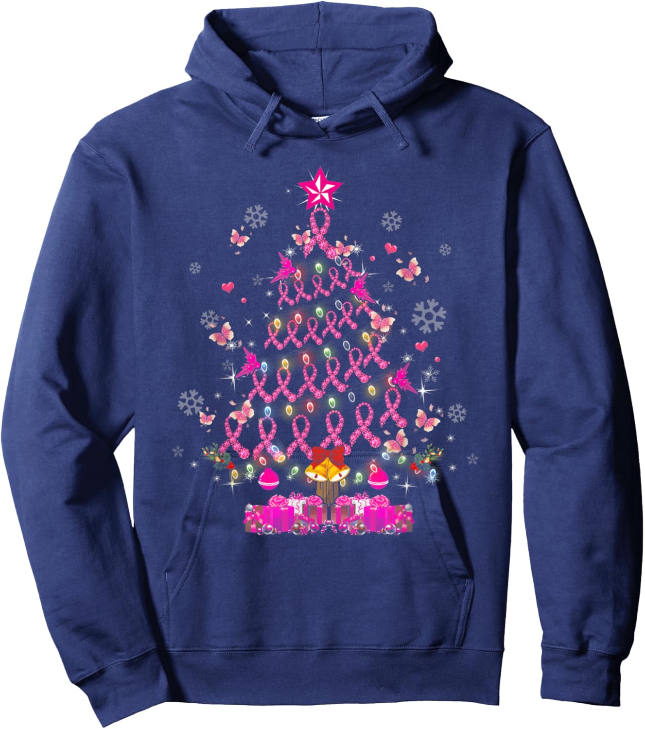 Breast Cancer Awareness Decoration Christmas Tree Snowflakes Hoodie - Hoodie | Navy