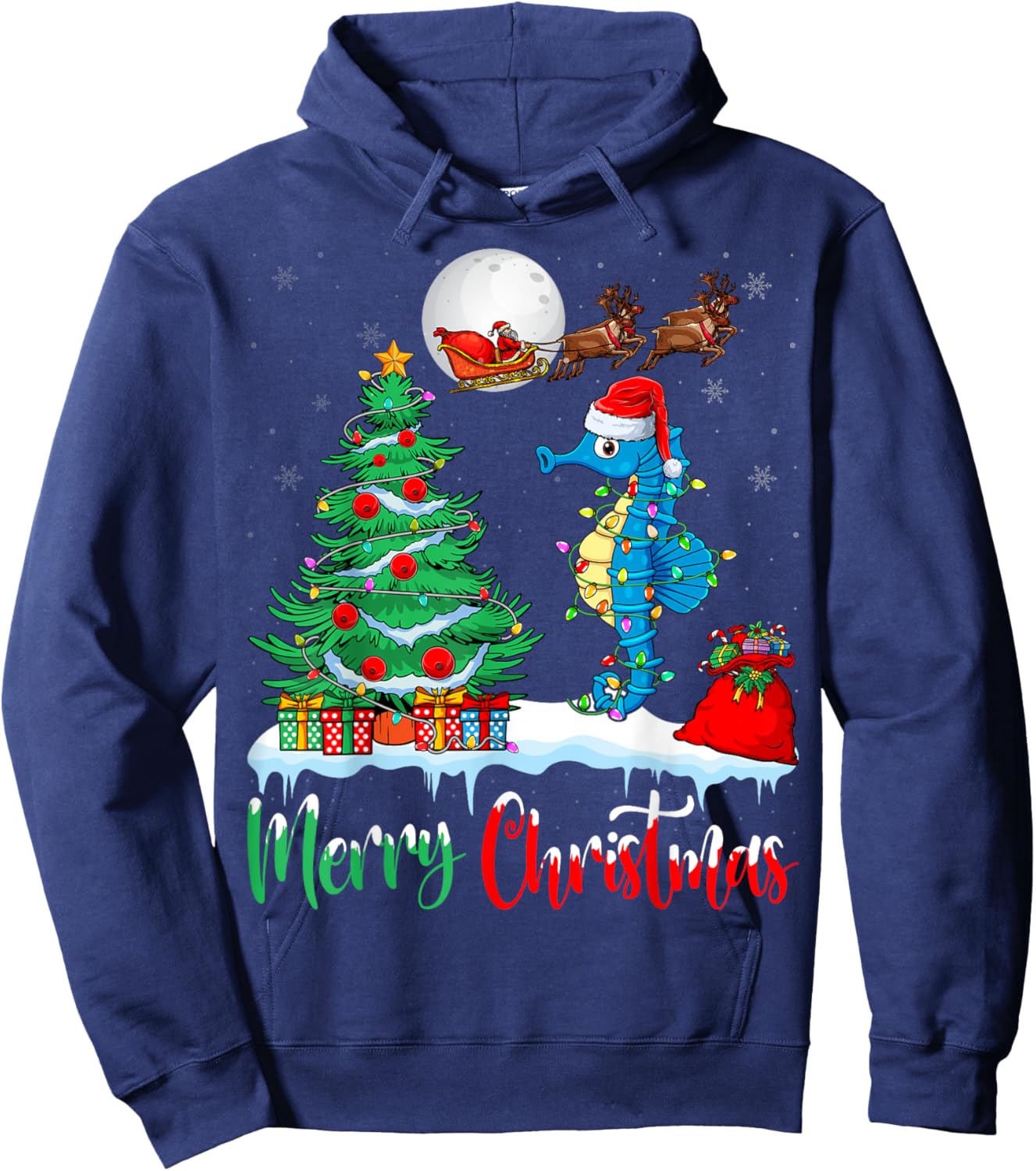 Seahorse Santa Hat Xmas Lights Merry Christmas Seahorse Hoodie - Hoodie | Navy