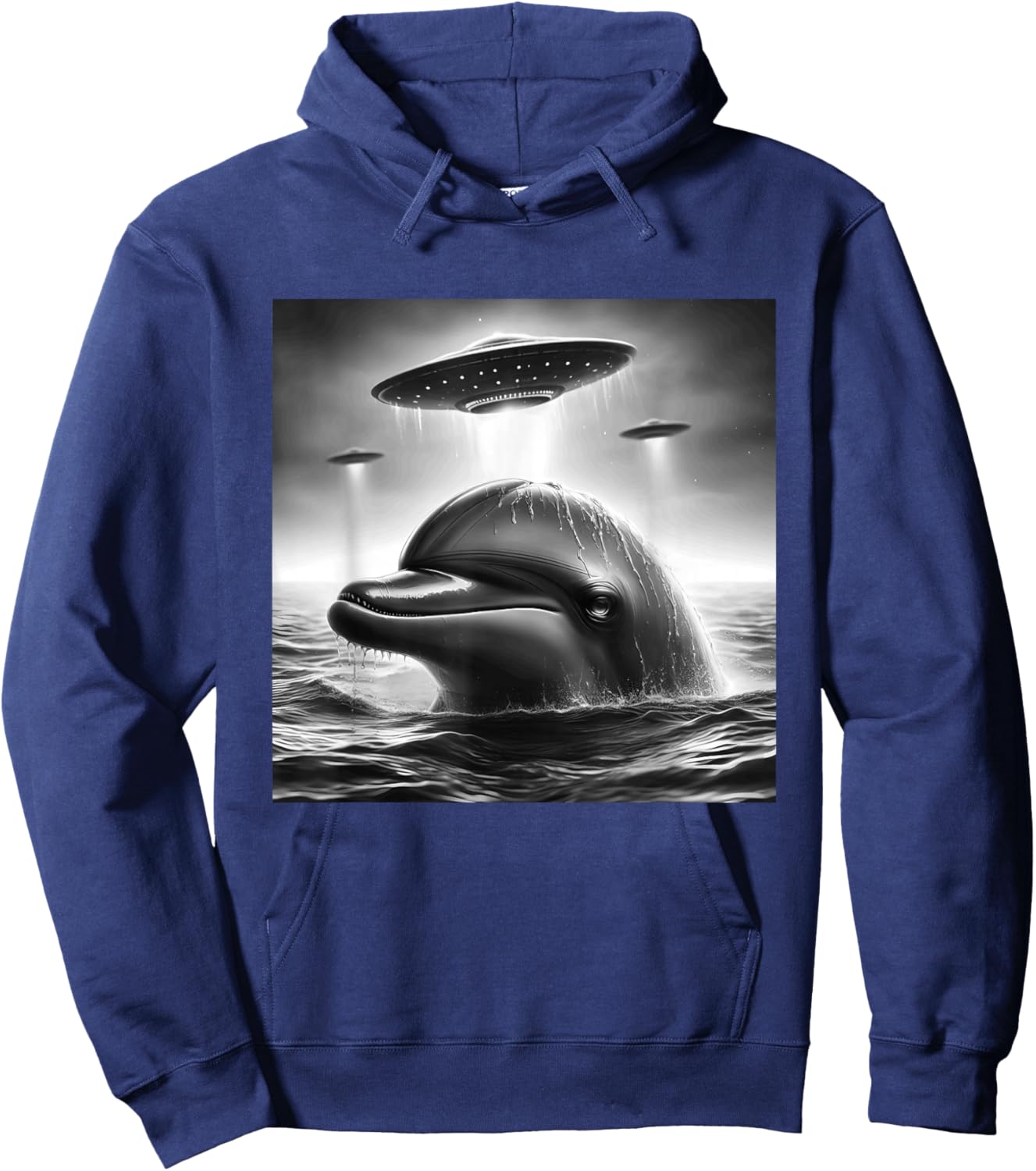 Dolphin Sea Funny Graphic Selfie with UFOs Weird Aliens Hoodie - Hoodie | Navy