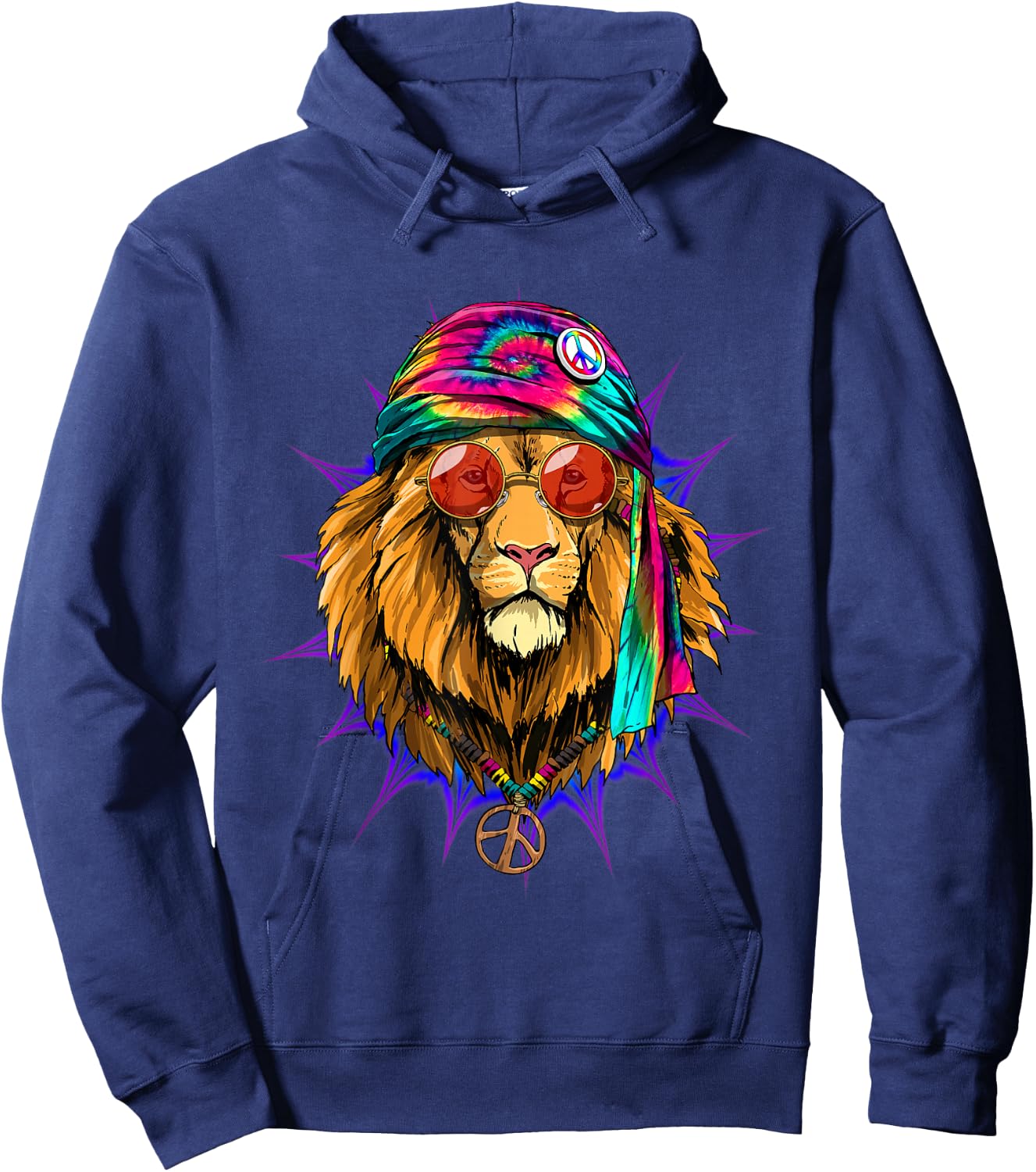 Hippie Lion Tie Dye Peace Sign Psychedelic Animal Lion Lover Hoodie - Hoodie | Navy