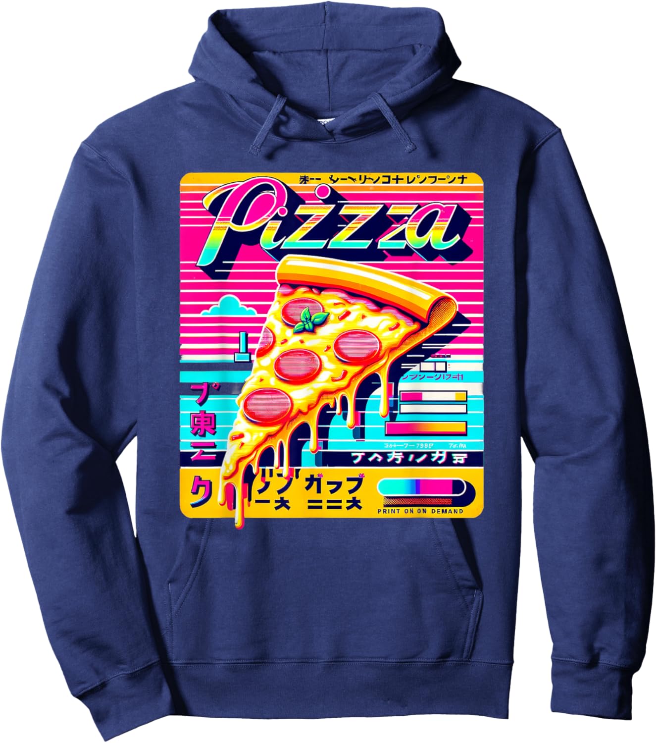 Retro Pizza Vaporwave Japanese Glitch Art Hoodie - Hoodie | Navy