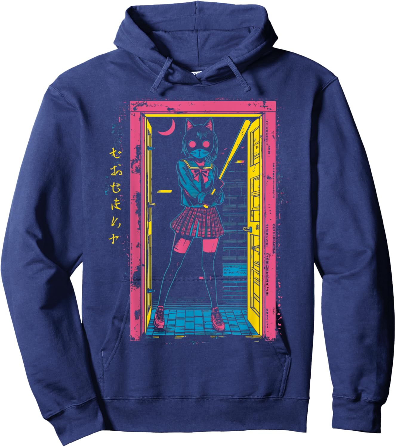Creepy Girl Cat Grunge Slasher Pastel Goth Anime Horror Hoodie - Hoodie | Navy