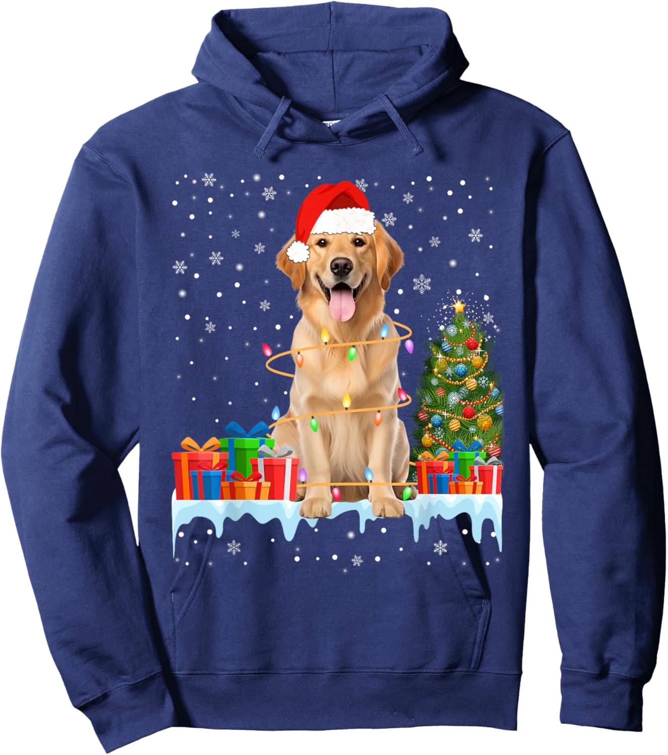 Santa Golden Retriever Dog Christmas Lights Xmas Pajamas Men Women Kids Hoodie - Hoodie | Navy