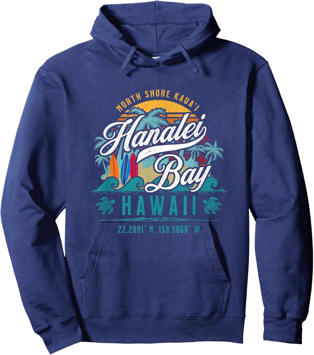 Hanalei Bay North Shore Kauai Hawaii Retro Sun Surf Fishing Hoodie - Hoodie | Navy