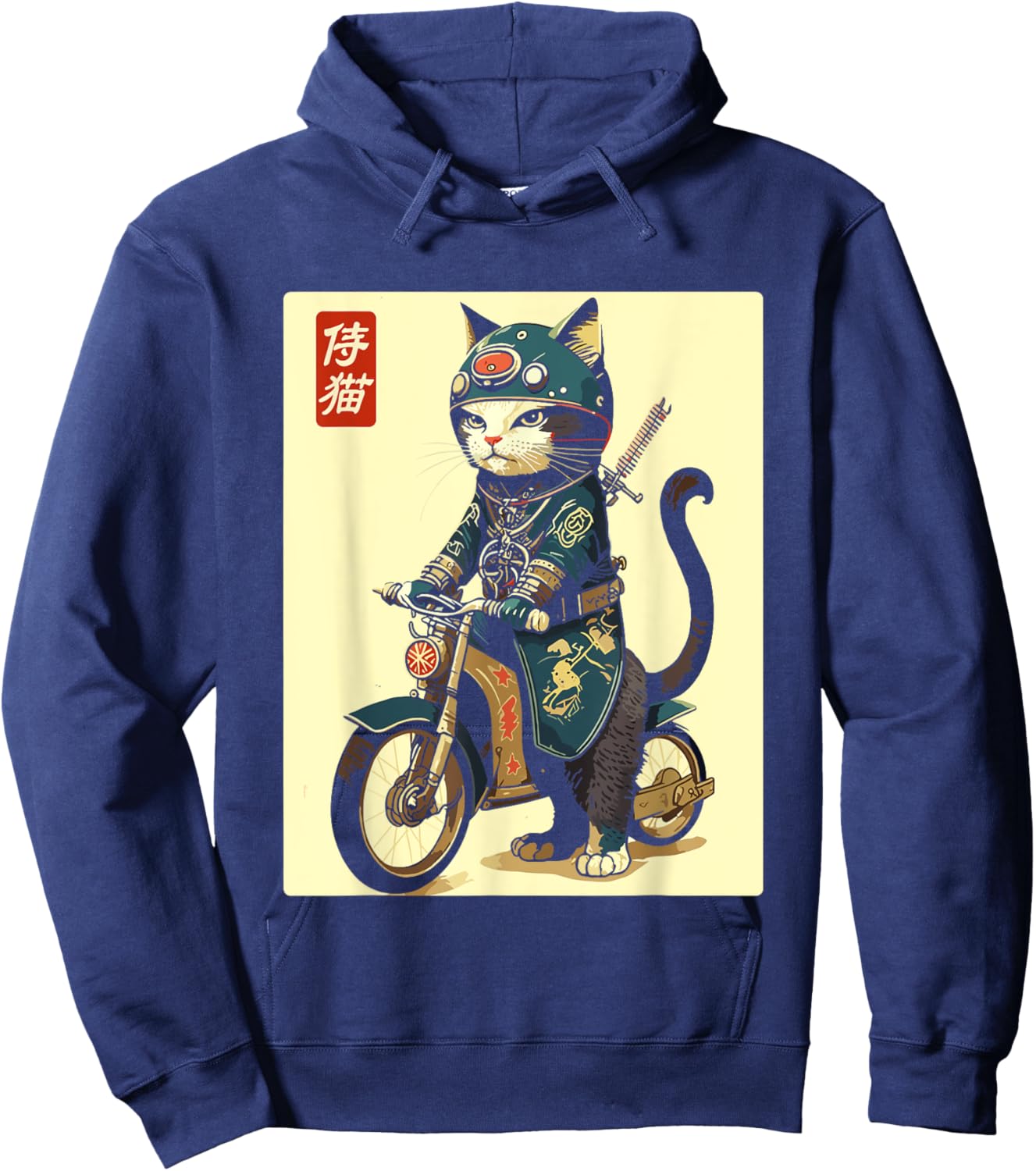 Japanese Samurai Cat on Motorcycle Kawaii Ninja Cat Women Kids Hoodie - Hoodie | Navy