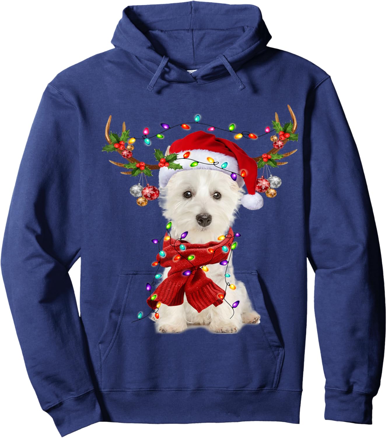 Santa Westie Dog Reindeer Christmas Lights Men Women Kids Hoodie - Hoodie | Navy