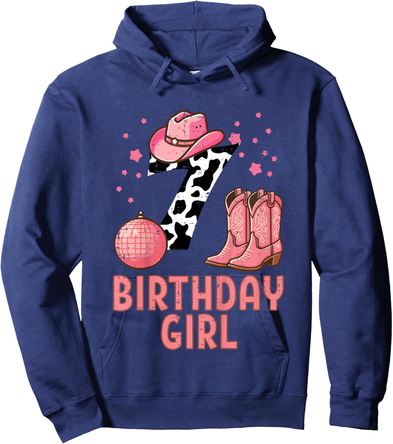 7th Birthday Cow Pattern Cowgirl 7 Year Old Bday Girls Kids Hoodie - Hoodie | Navy