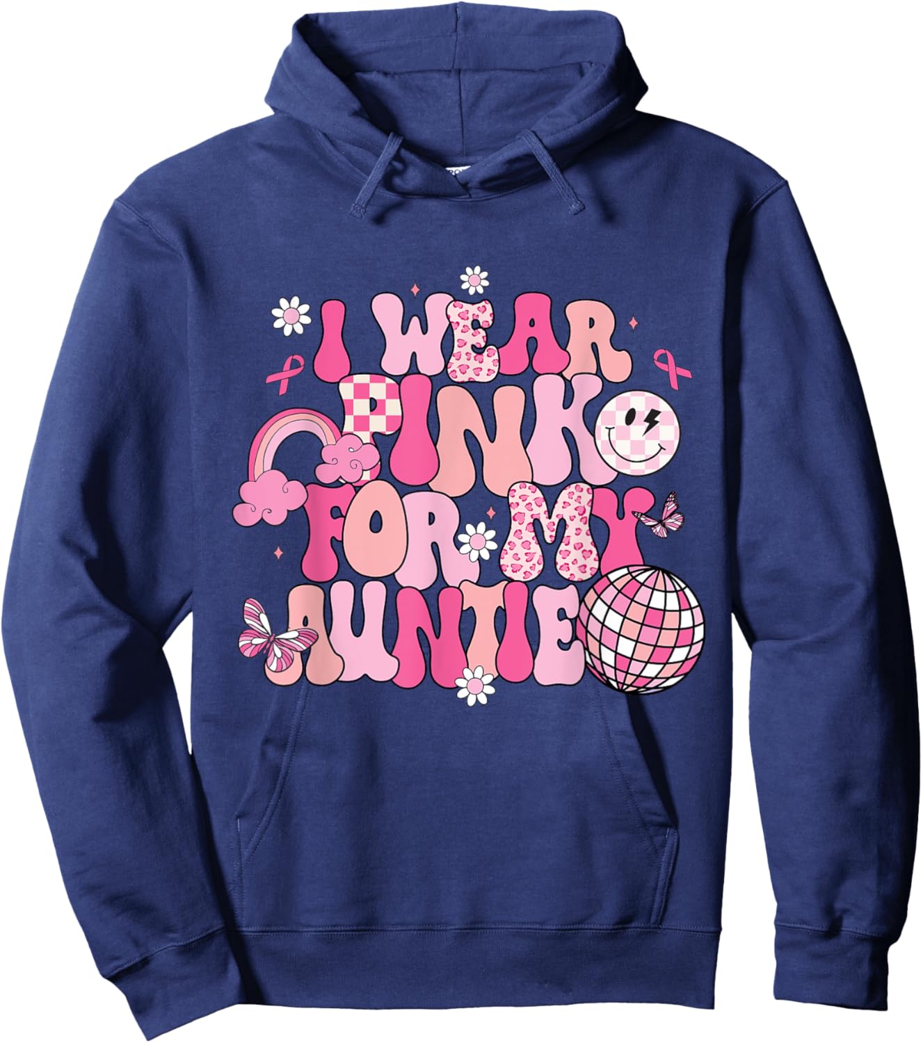 Groovy I Wear Pink For My Auntie Breast Cancer Awareness Hoodie - Hoodie | Navy
